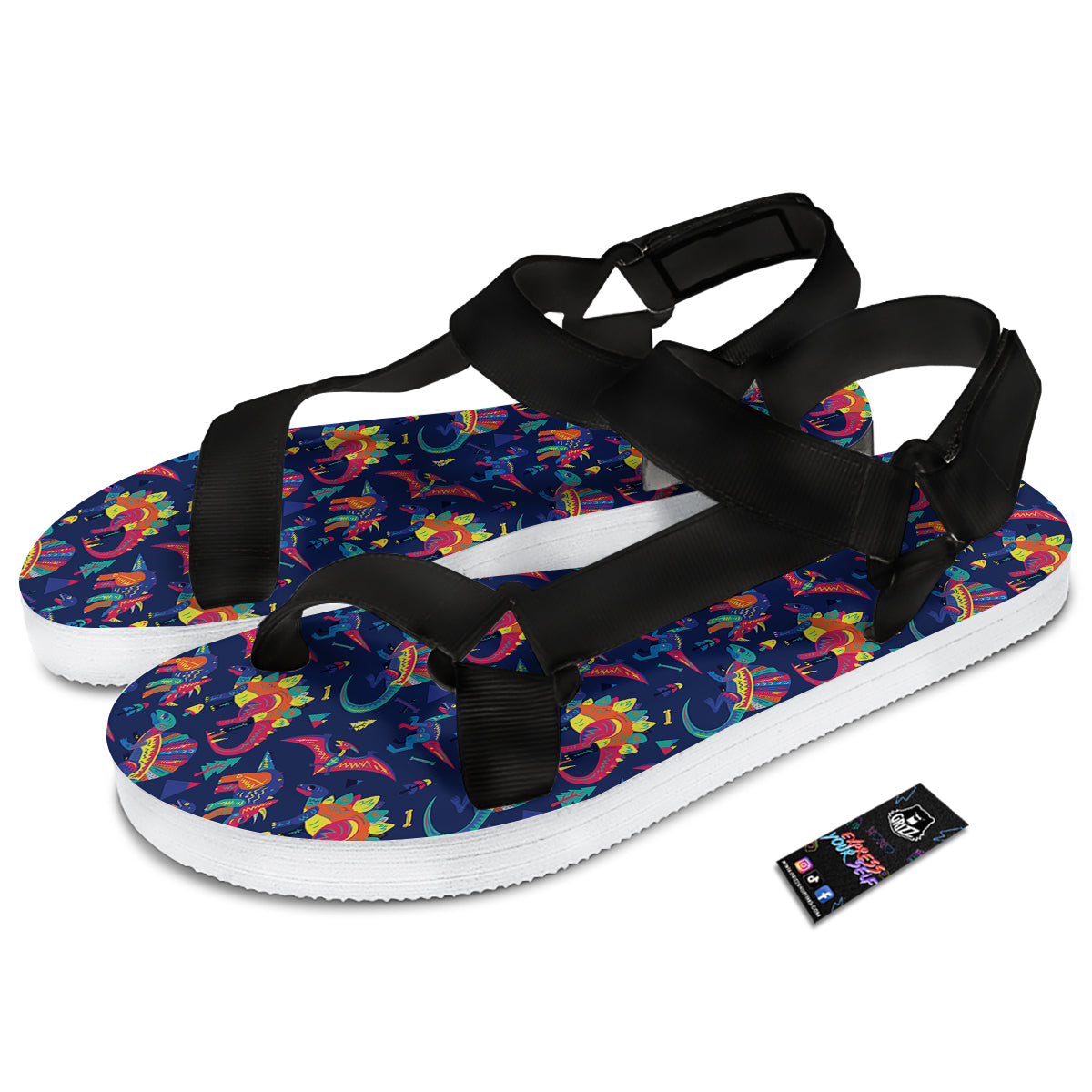 Dinosaurs Cute Colorful Print Pattern Black Open Toe Sandals-grizzshop