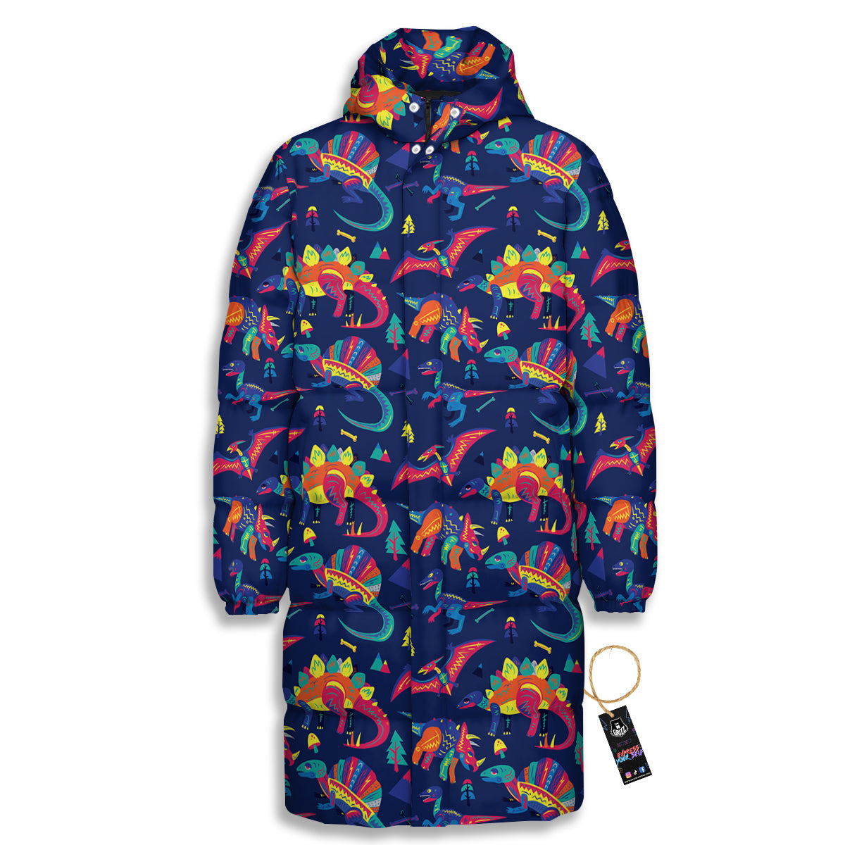 Dinosaurs Cute Colorful Print Pattern Long Down Jacket-grizzshop