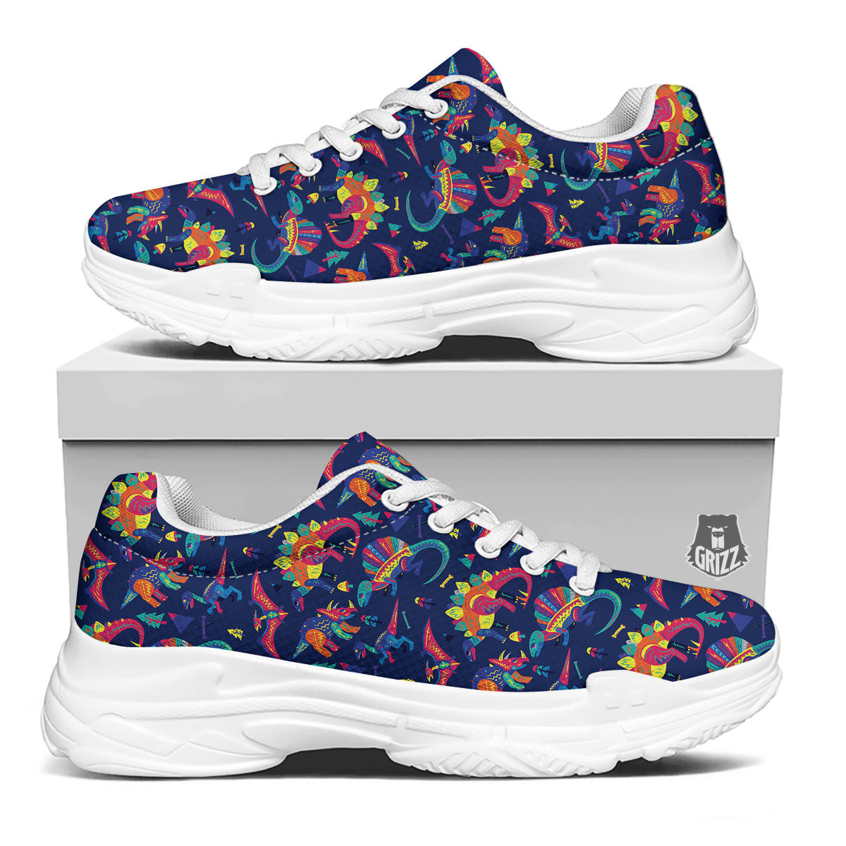 Dinosaurs Cute Colorful Print Pattern White Chunky Shoes-grizzshop