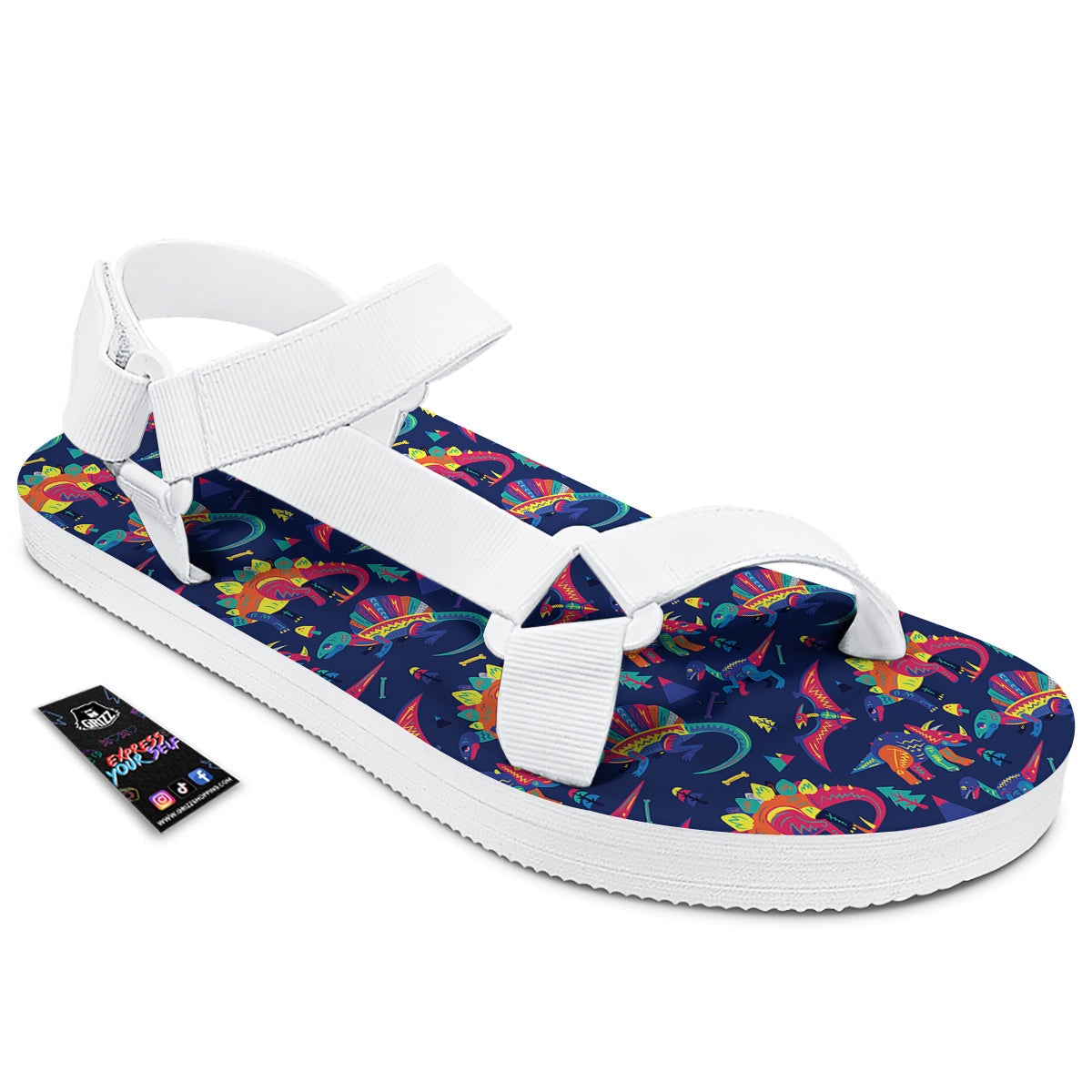 Dinosaurs Cute Colorful Print Pattern White Open Toe Sandals-grizzshop