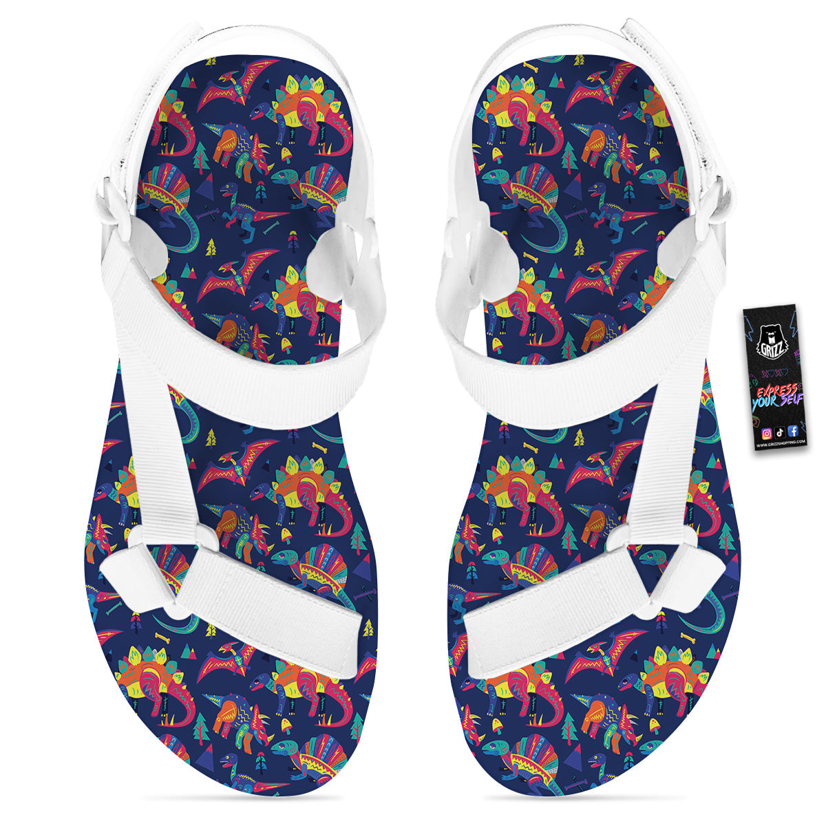 Dinosaurs Cute Colorful Print Pattern White Open Toe Sandals-grizzshop