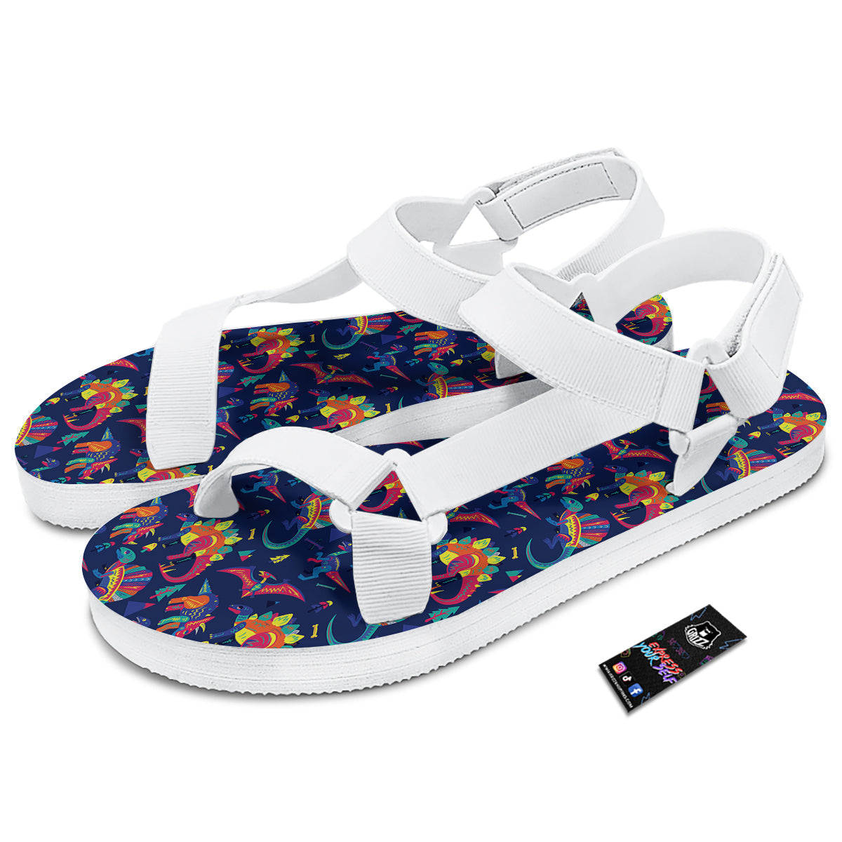 Dinosaurs Cute Colorful Print Pattern White Open Toe Sandals-grizzshop