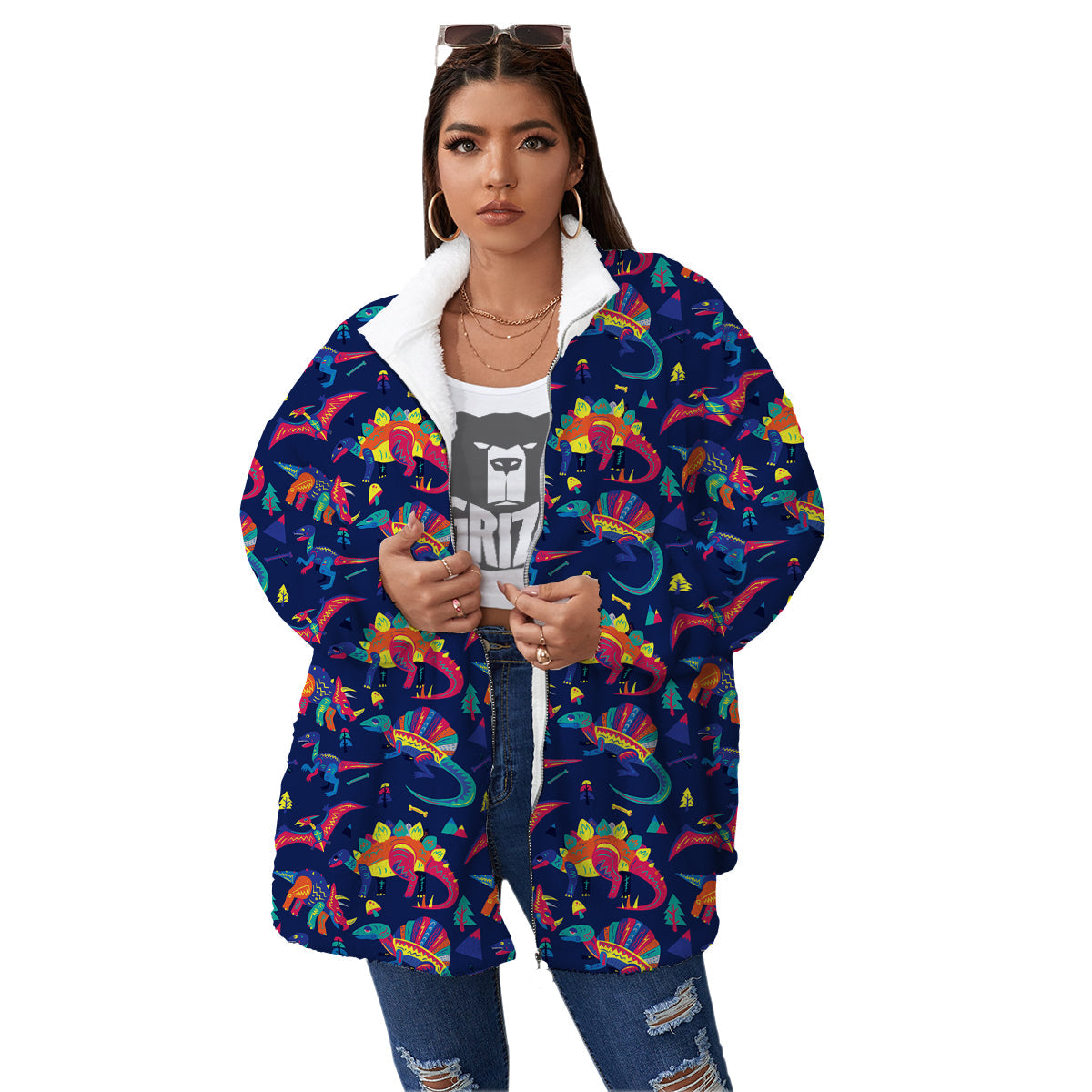 Dinosaurs Cute Colorful Print Pattern Women's Sherpa Jacket-grizzshop