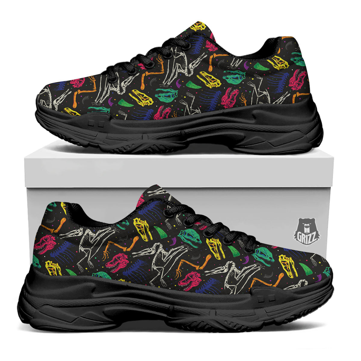 Dinosaurs Fossil Colorful Print Pattern Black Chunky Shoes-grizzshop