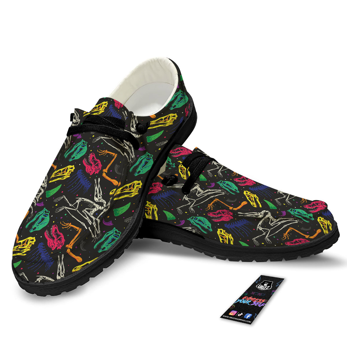 Dinosaurs Fossil Colorful Print Pattern Black Loafers-grizzshop