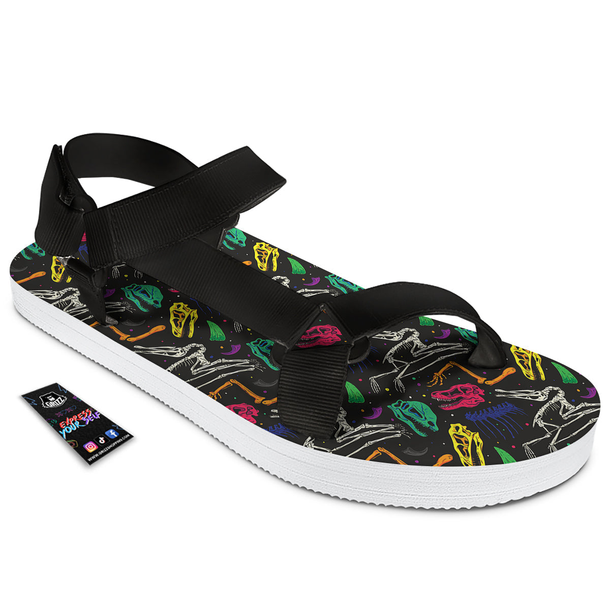 Dinosaurs Fossil Colorful Print Pattern Black Open Toe Sandals-grizzshop