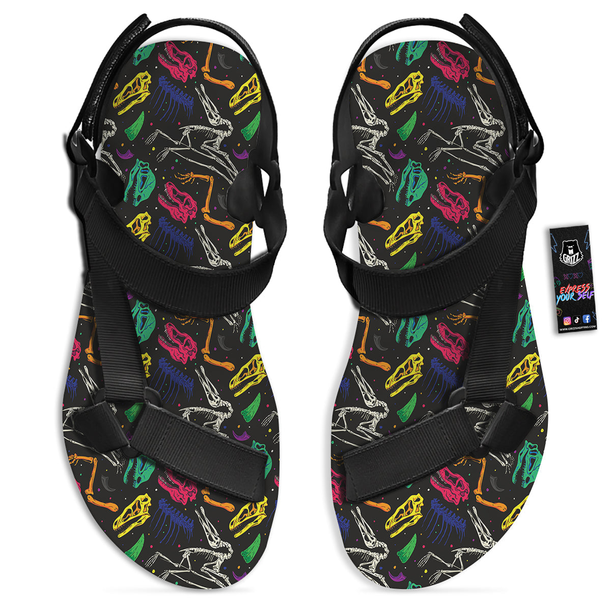 Dinosaurs Fossil Colorful Print Pattern Black Open Toe Sandals-grizzshop
