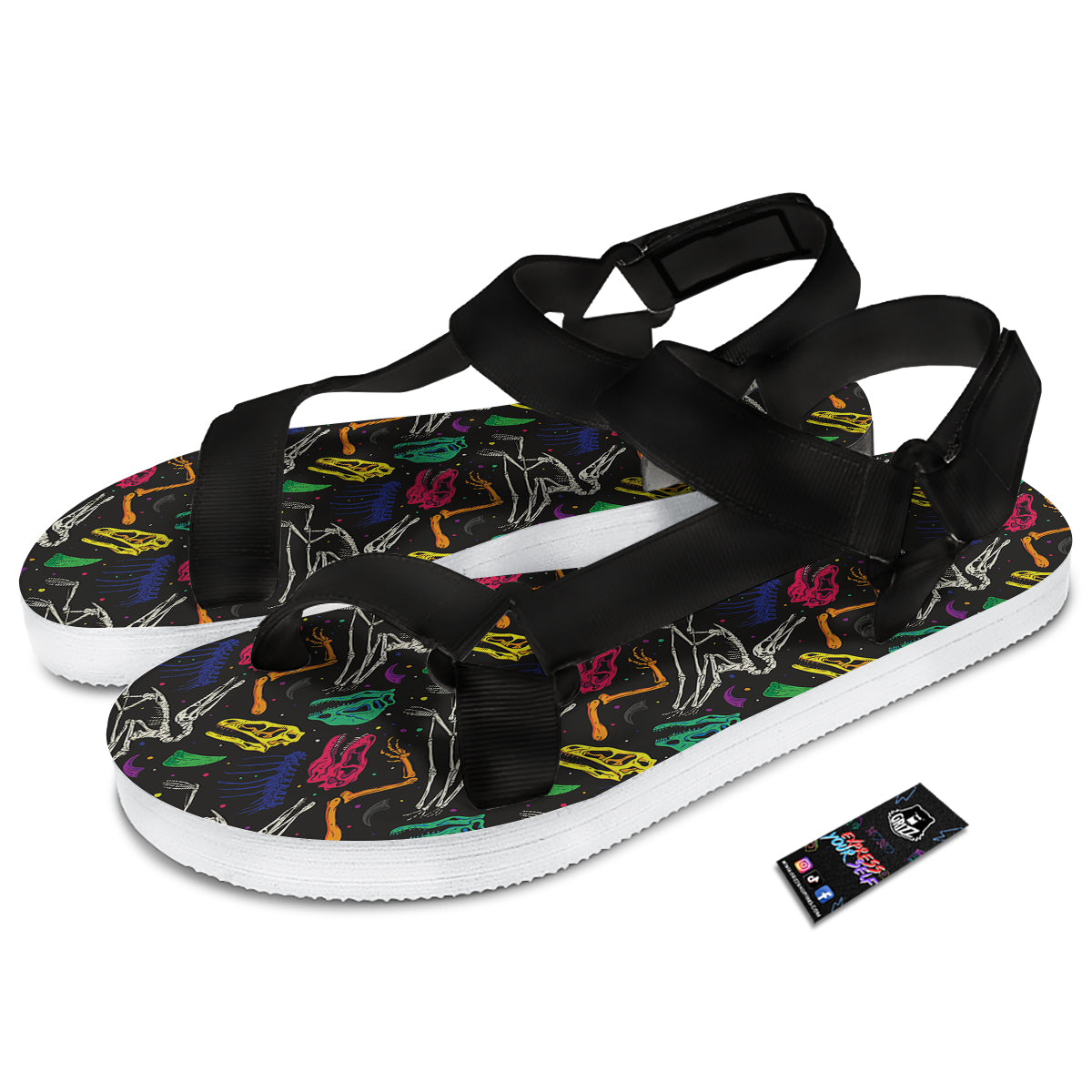 Dinosaurs Fossil Colorful Print Pattern Black Open Toe Sandals-grizzshop