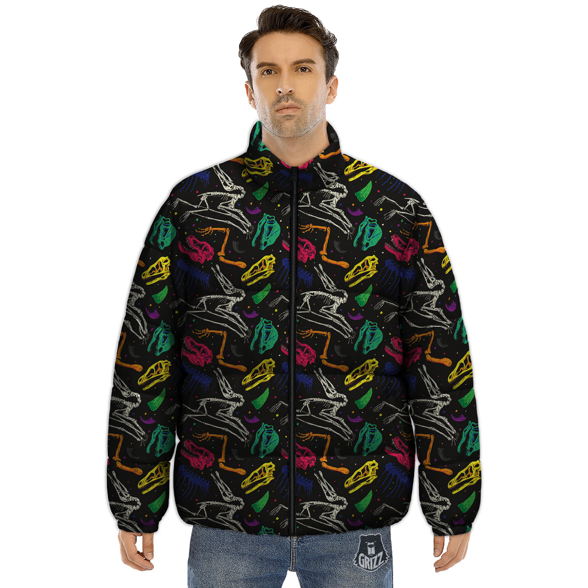 Dinosaurs Fossil Colorful Print Pattern Puffer Jacket-grizzshop