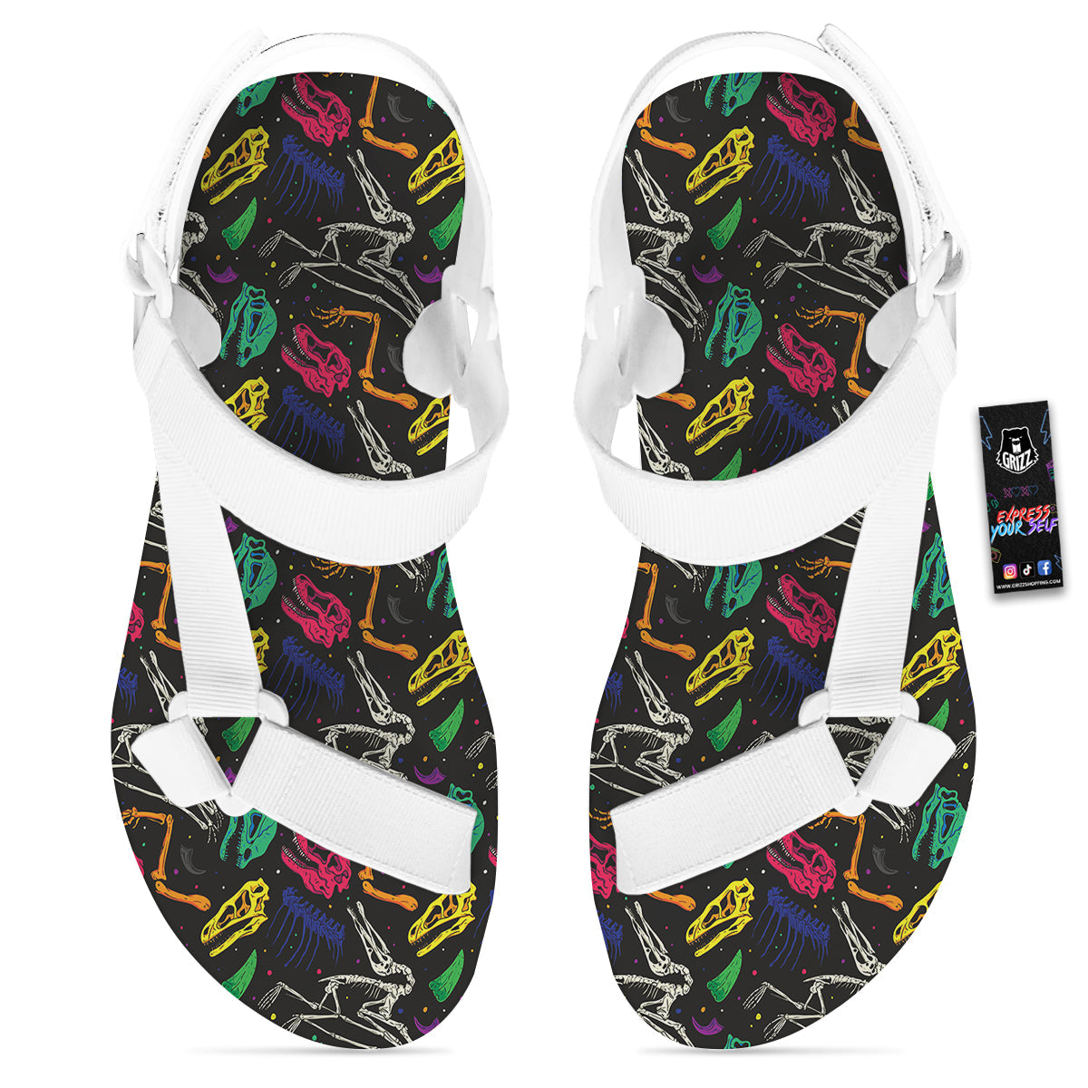 Dinosaurs Fossil Colorful Print Pattern White Open Toe Sandals-grizzshop