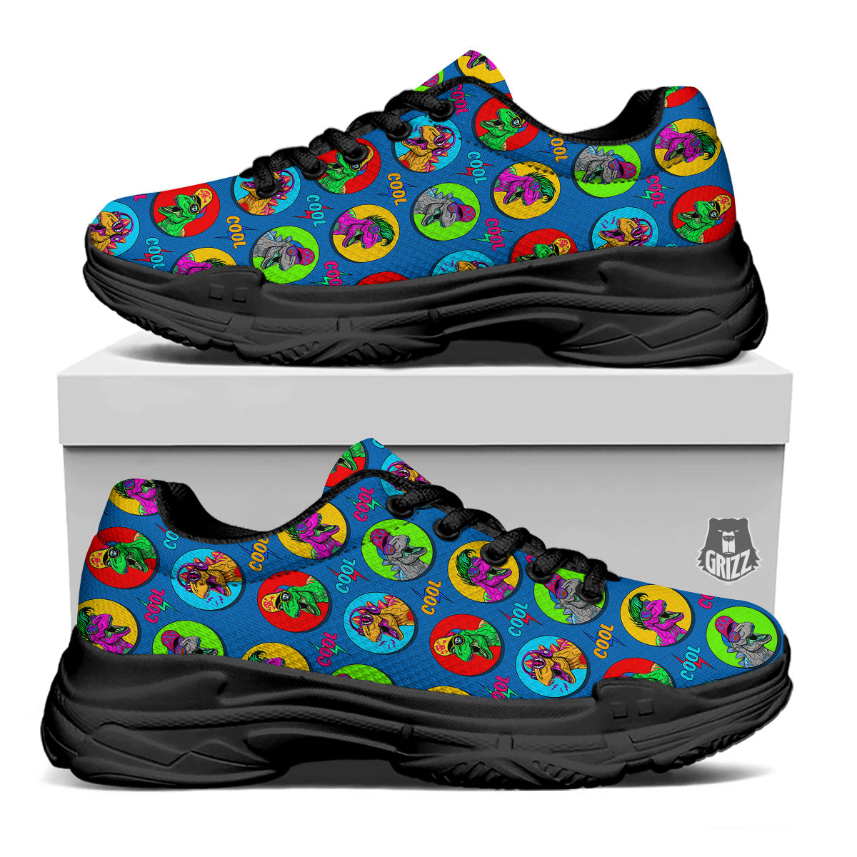 Dinosaurs Pop Art Print Pattern Black Chunky Shoes-grizzshop