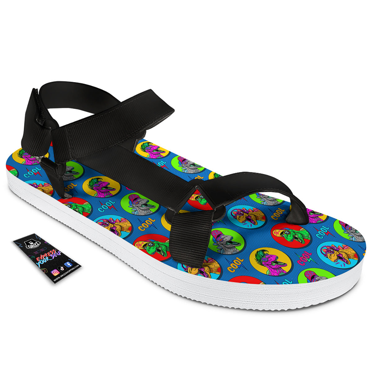 Dinosaurs Pop Art Print Pattern Black Open Toe Sandals-grizzshop