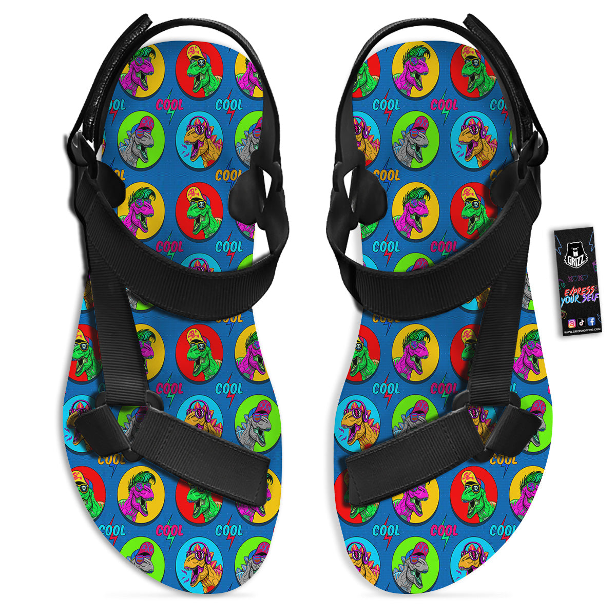 Dinosaurs Pop Art Print Pattern Black Open Toe Sandals-grizzshop