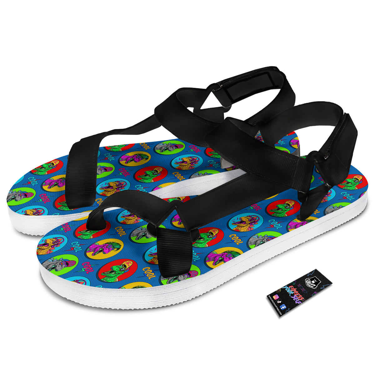 Dinosaurs Pop Art Print Pattern Black Open Toe Sandals-grizzshop
