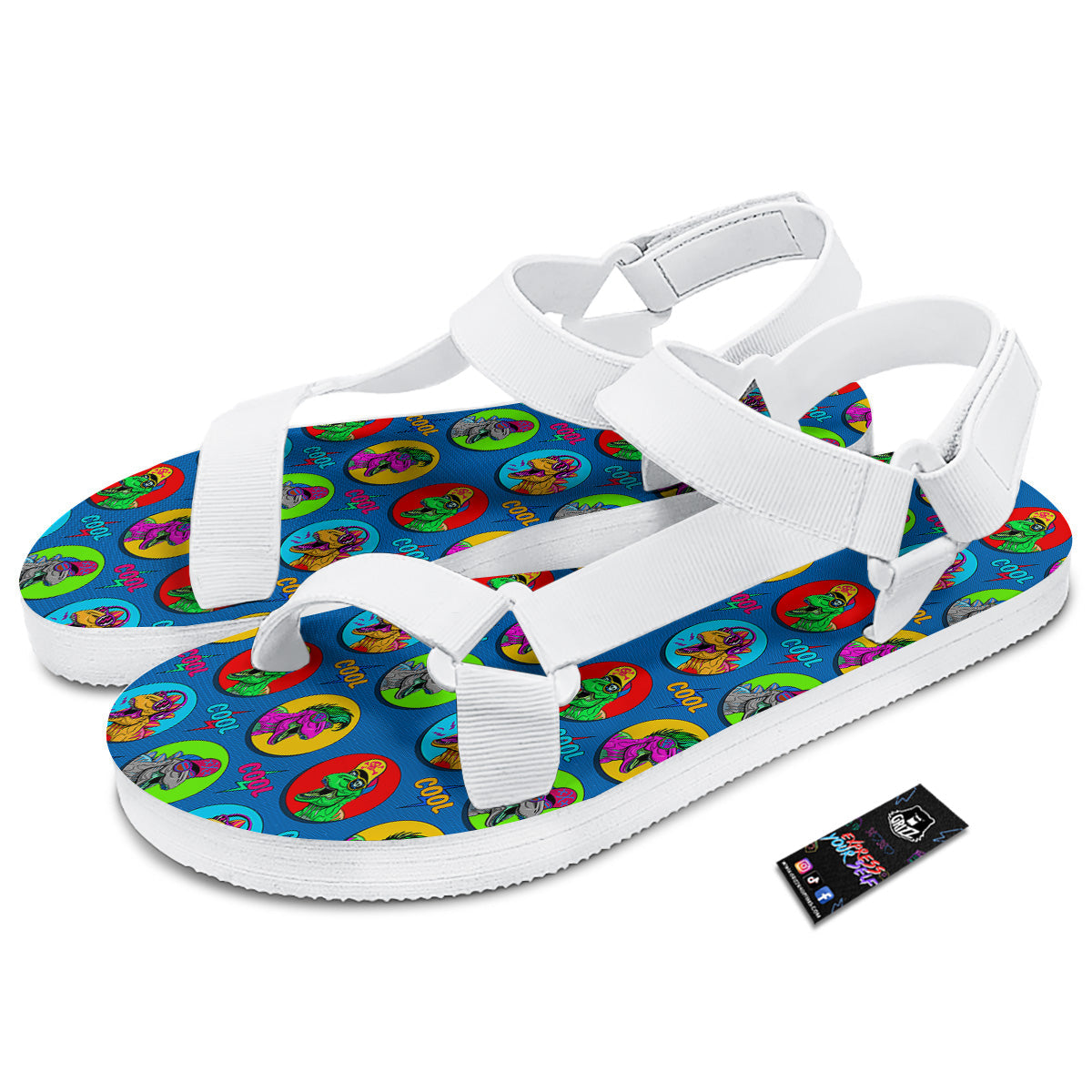 Dinosaurs Pop Art Print Pattern White Open Toe Sandals-grizzshop