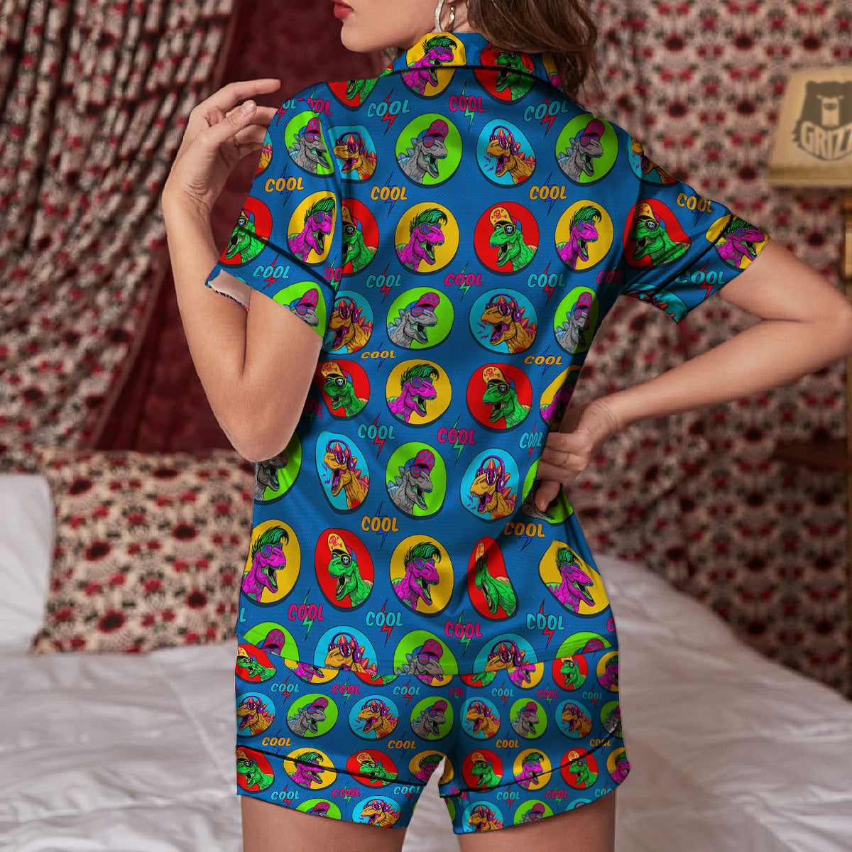 Dinosaurs Pop Art Print Pattern Women Silk Pajamas-grizzshop