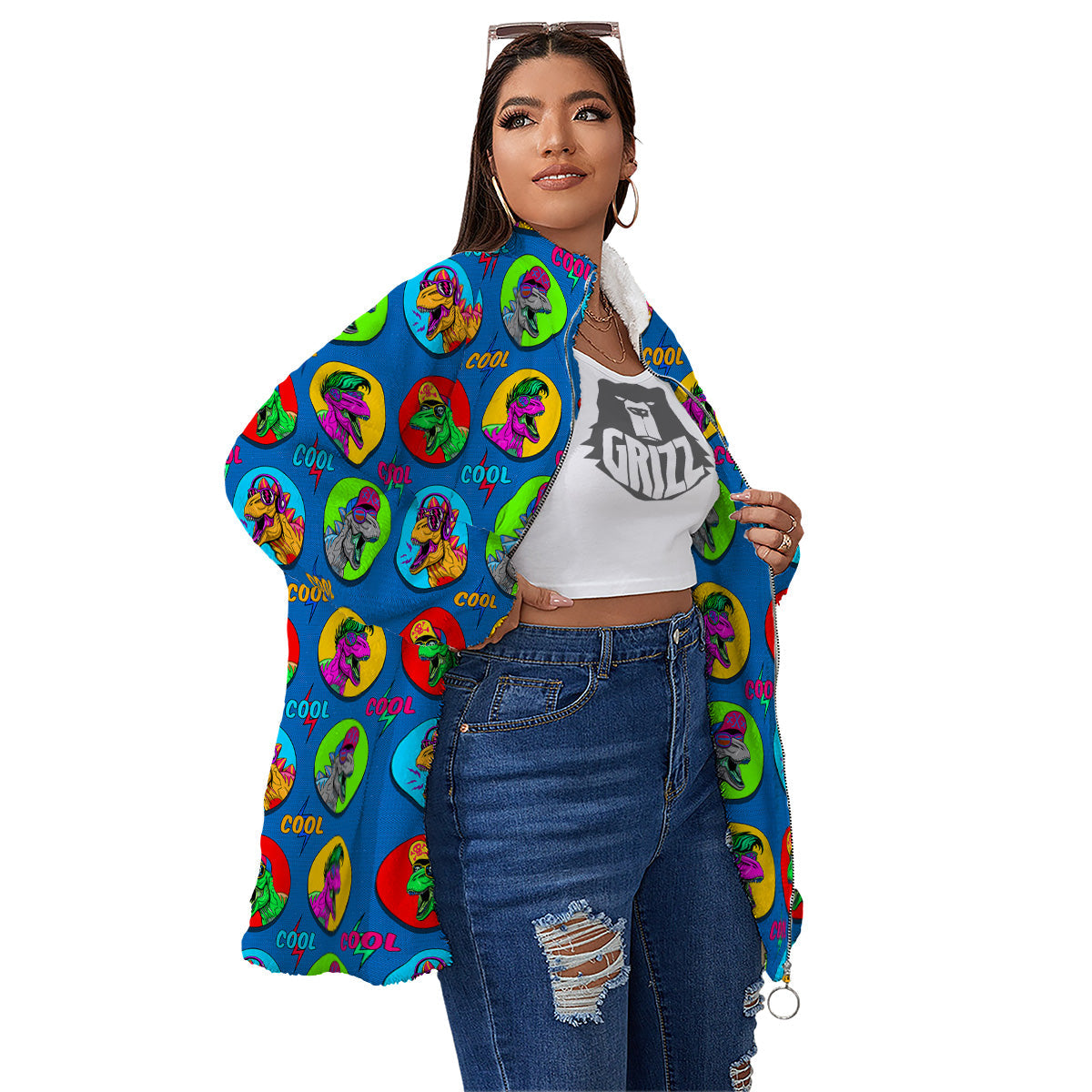 Dinosaurs Pop Art Print Pattern Women's Sherpa Jacket-grizzshop