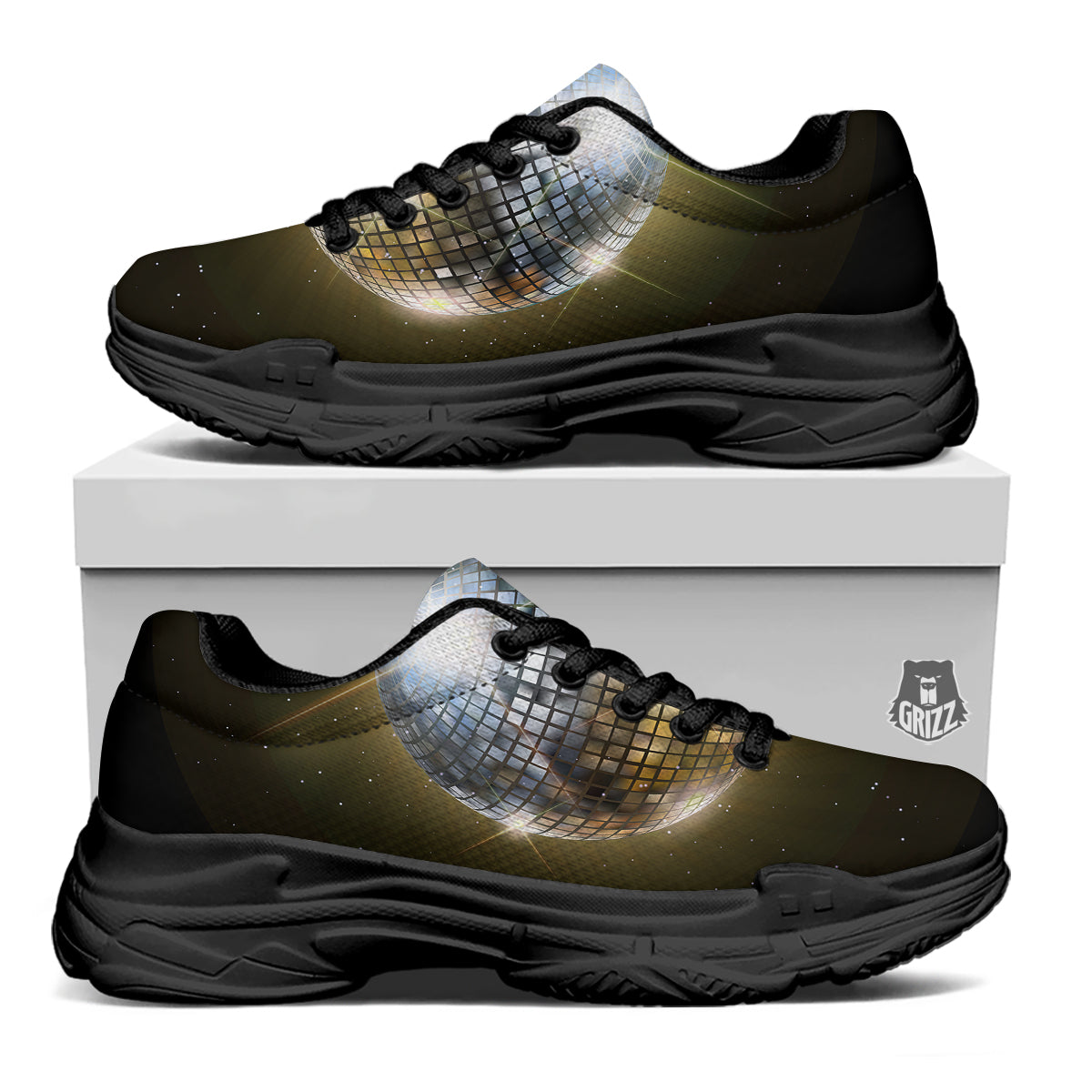 Disco Ball In Night Party Print Black Chunky Shoes-grizzshop