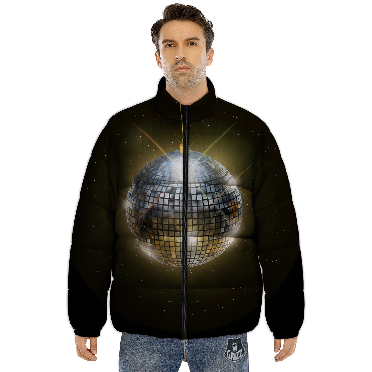 Disco Ball In Night Party Print Puffer Jacket-grizzshop