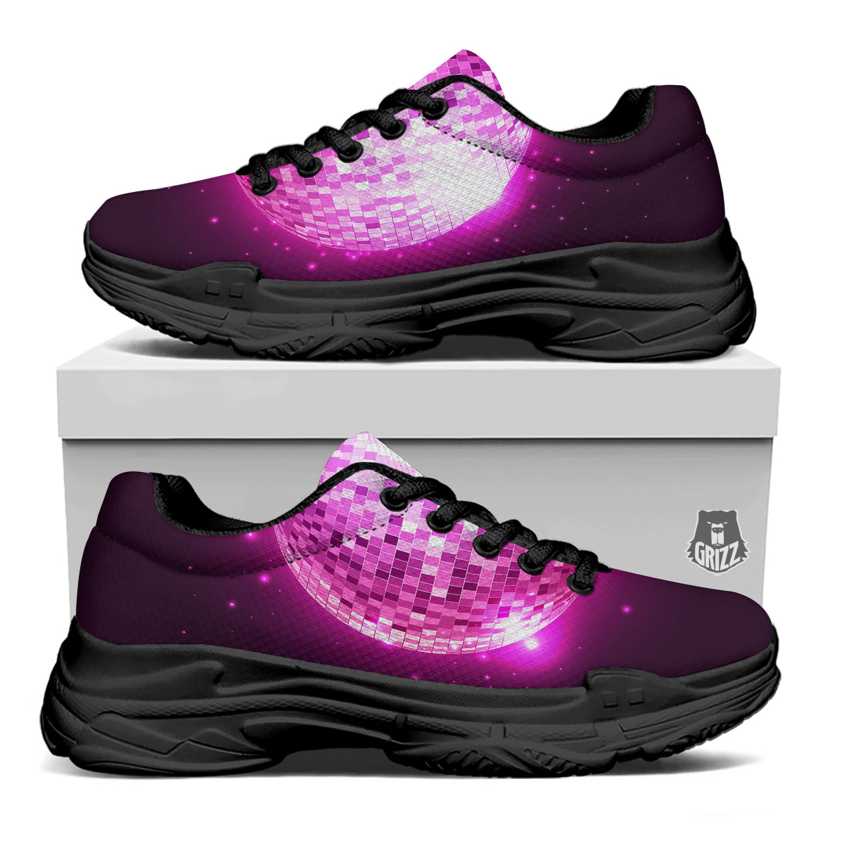 Disco Ball Light Pink Print Black Chunky Shoes-grizzshop