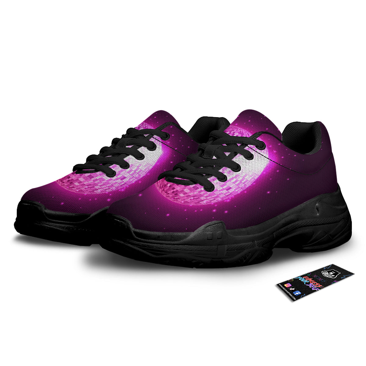 Disco Ball Light Pink Print Black Chunky Shoes-grizzshop