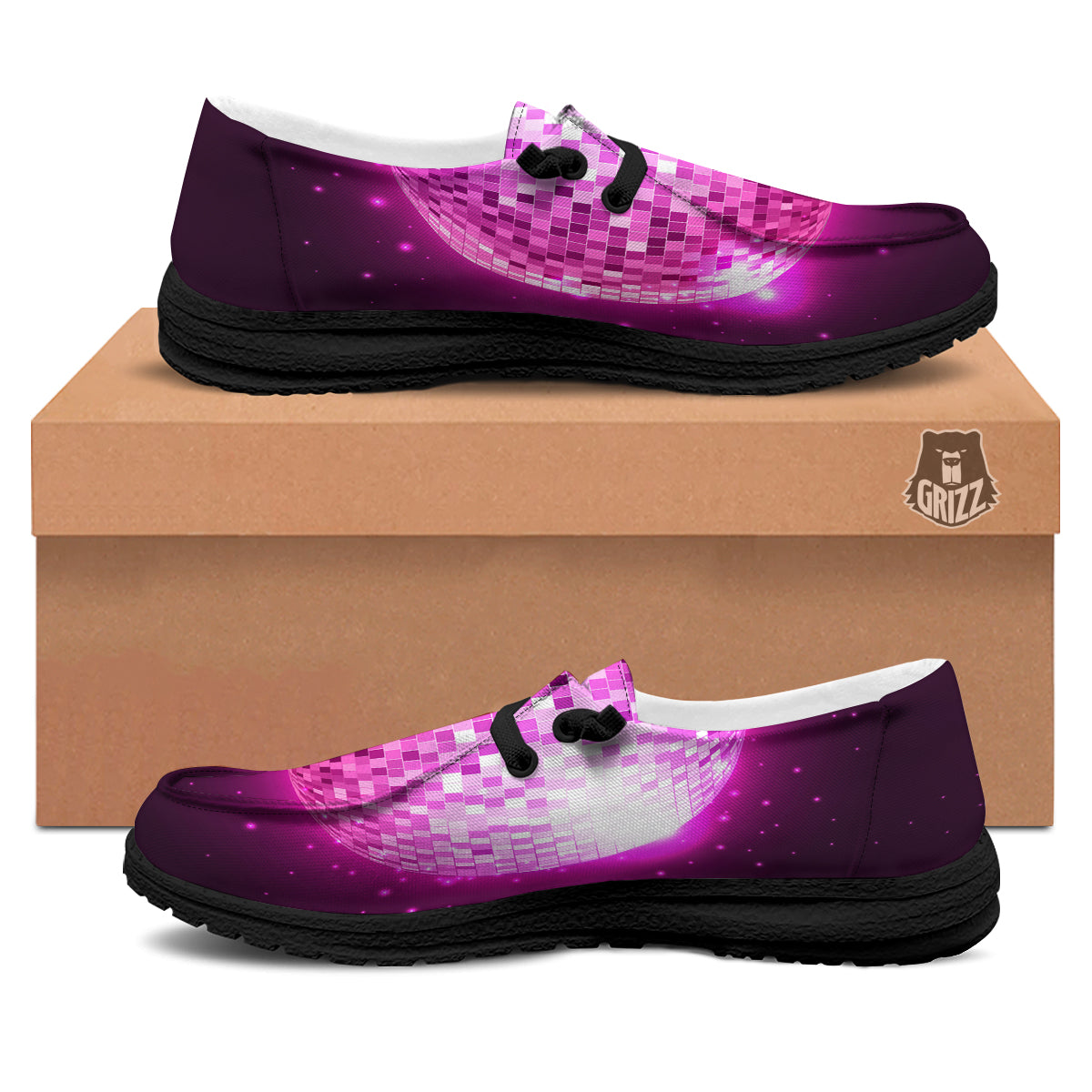 Disco Ball Light Pink Print Black Loafers-grizzshop