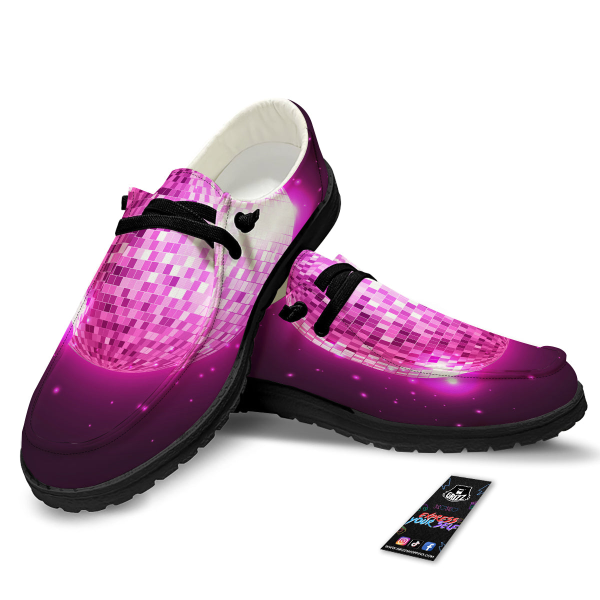 Disco Ball Light Pink Print Black Loafers-grizzshop