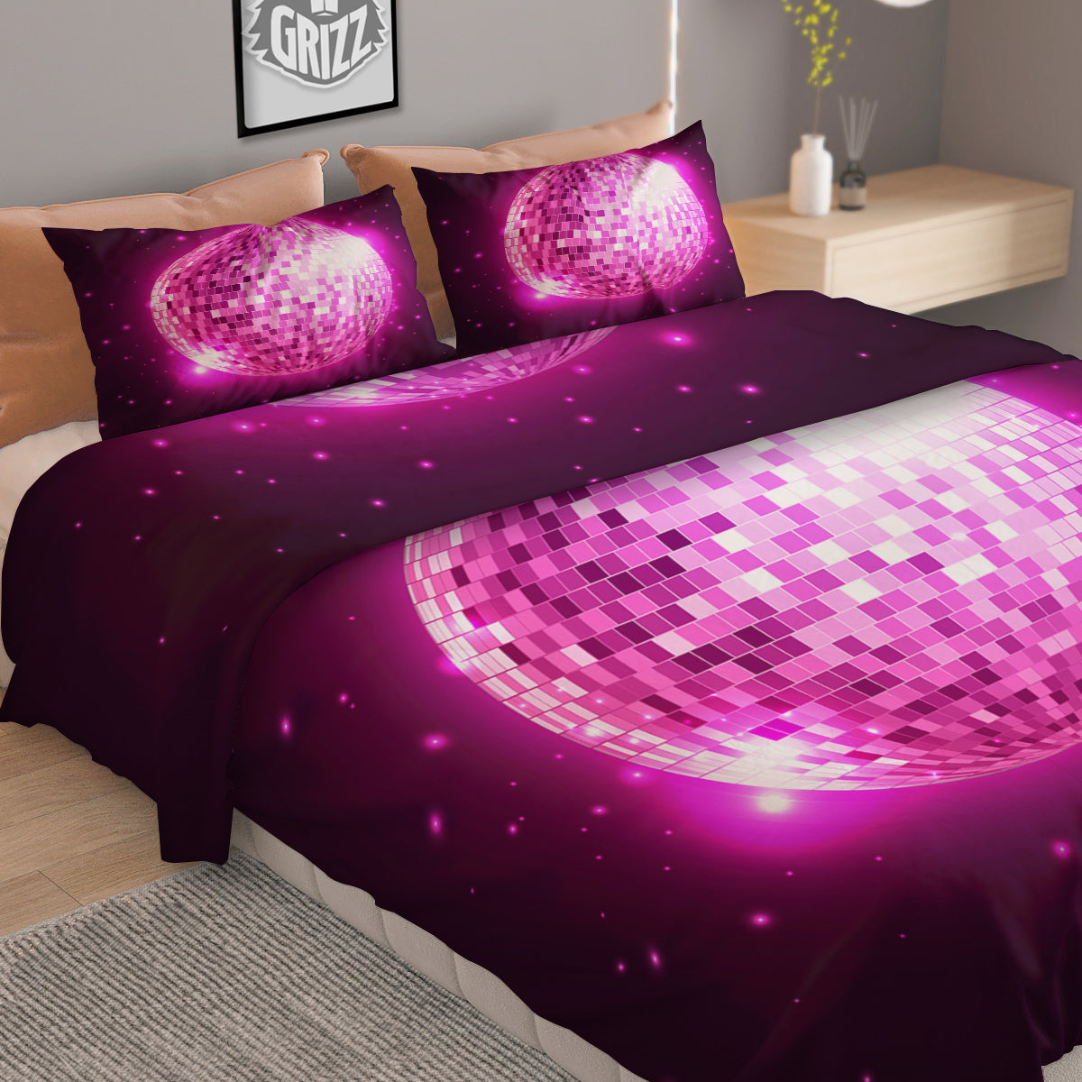 Disco Ball Light Pink Print Duvet Cover Bedding Set