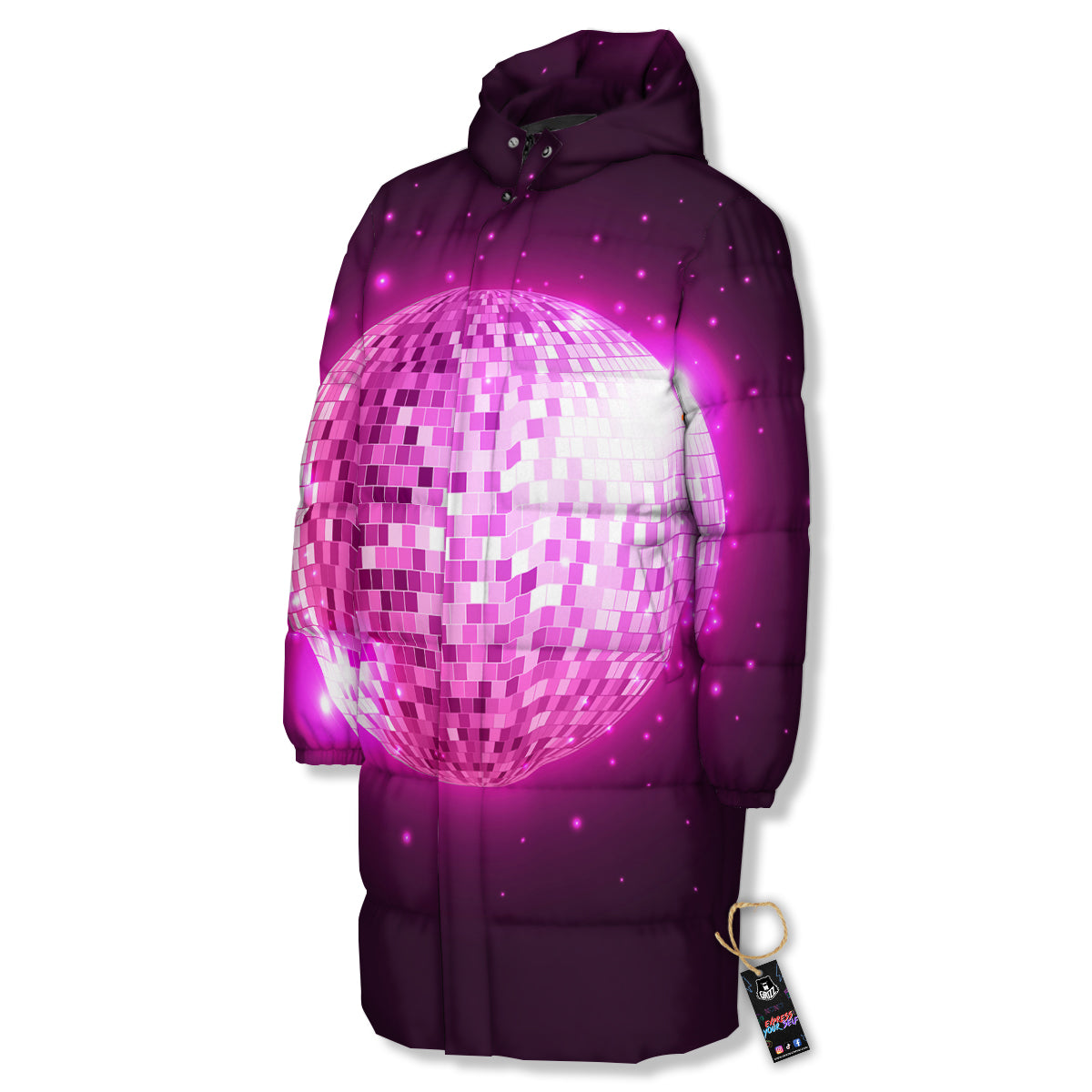 Disco Ball Light Pink Print Long Down Jacket-grizzshop