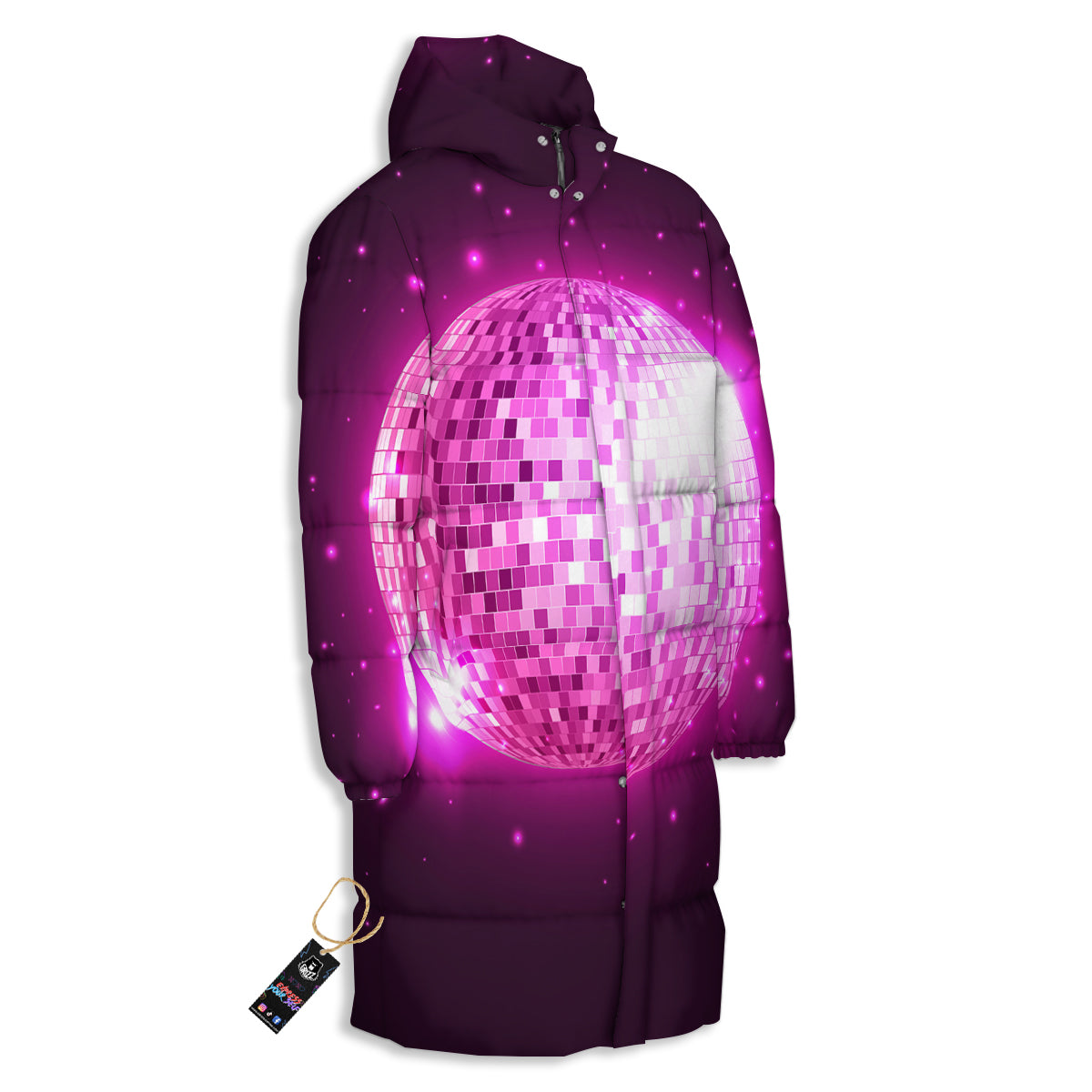 Disco Ball Light Pink Print Long Down Jacket-grizzshop