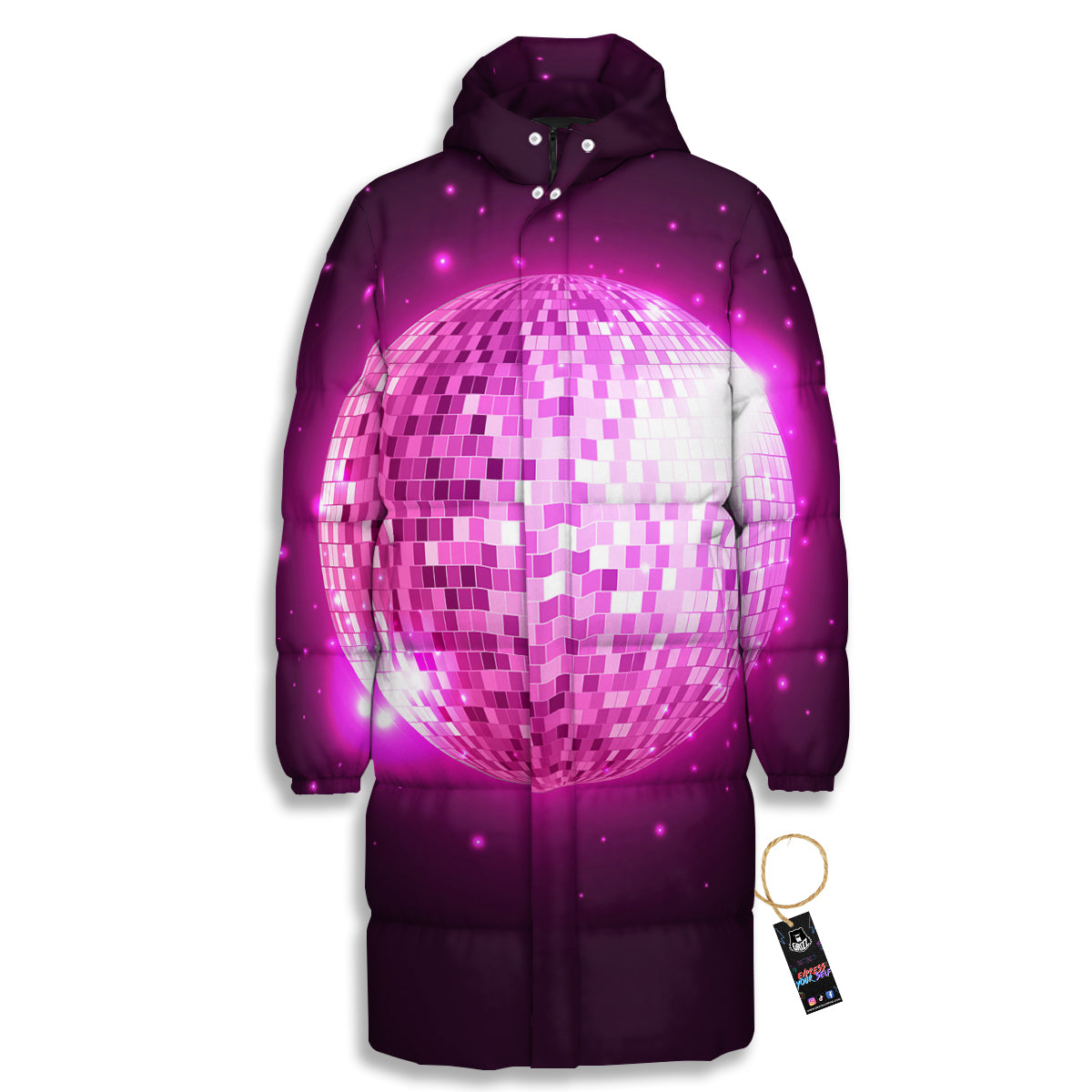 Disco Ball Light Pink Print Long Down Jacket-grizzshop