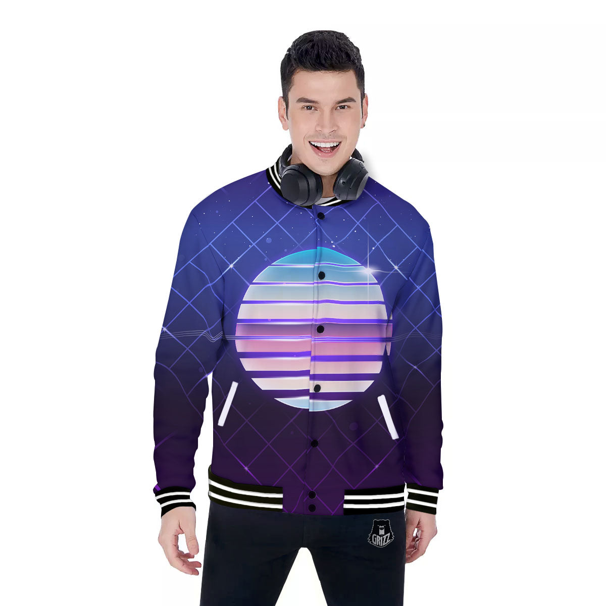 Disco Ball Purple Light Print Baseball Jacket-grizzshop
