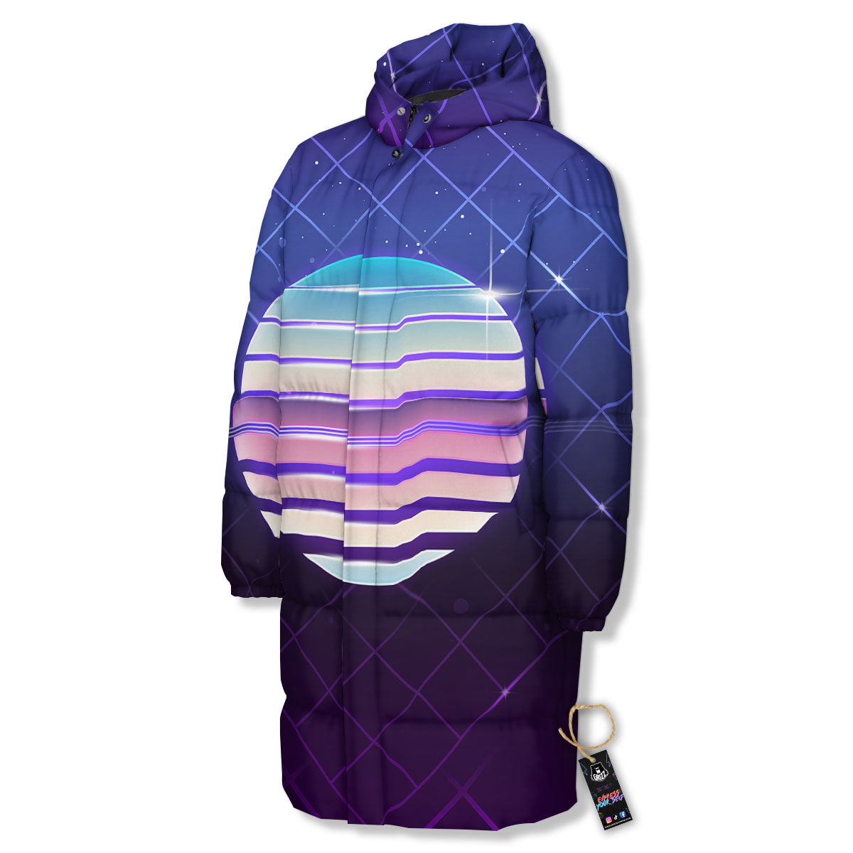Disco Ball Purple Light Print Long Down Jacket-grizzshop