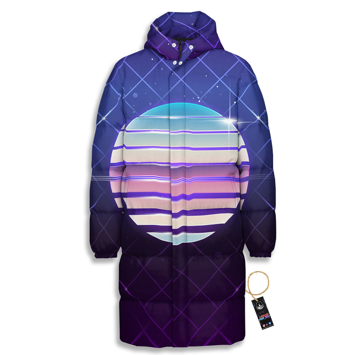 Disco Ball Purple Light Print Long Down Jacket-grizzshop