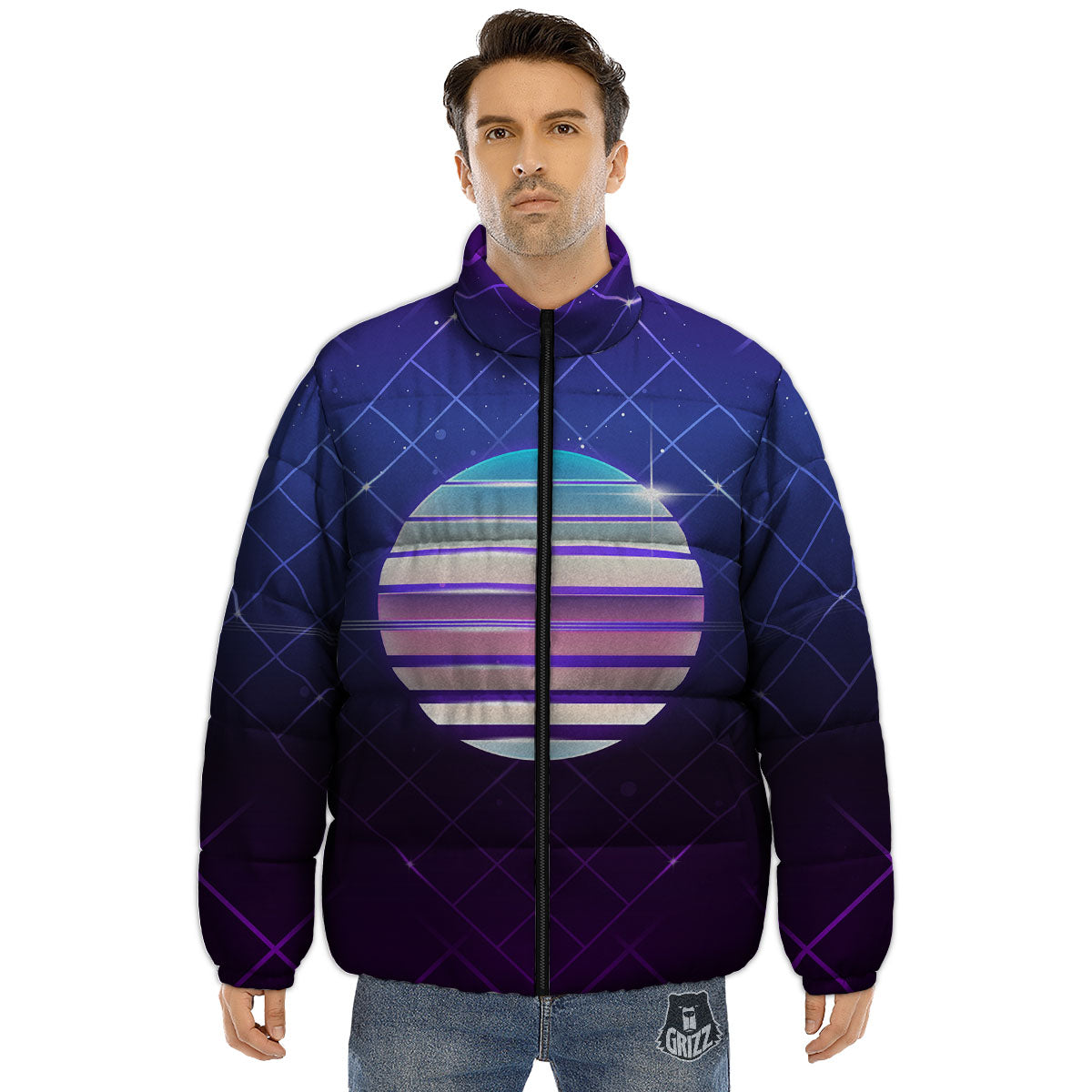 Disco Ball Purple Light Print Puffer Jacket-grizzshop