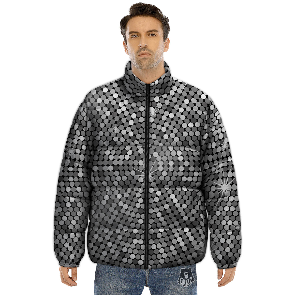 Disco Ball Texture Print Puffer Jacket-grizzshop