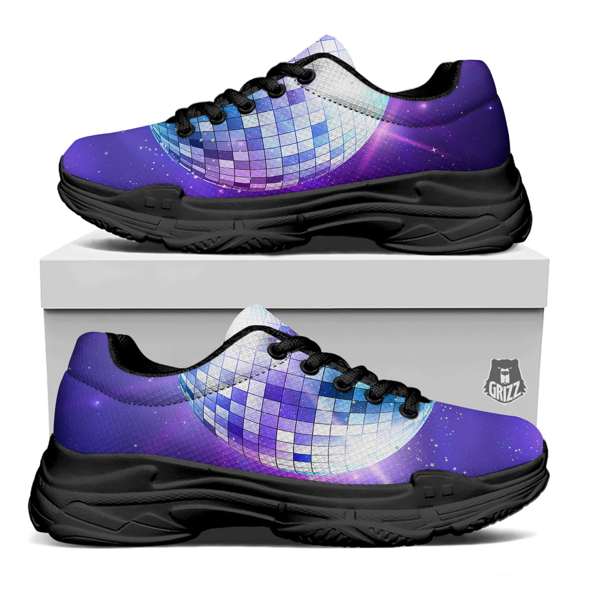 Disco Ball Ultraviolet Print Black Chunky Shoes-grizzshop