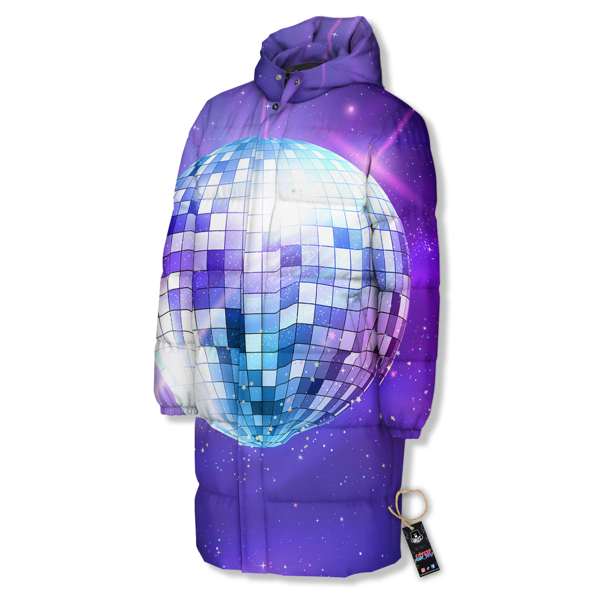 Disco Ball Ultraviolet Print Long Down Jacket-grizzshop