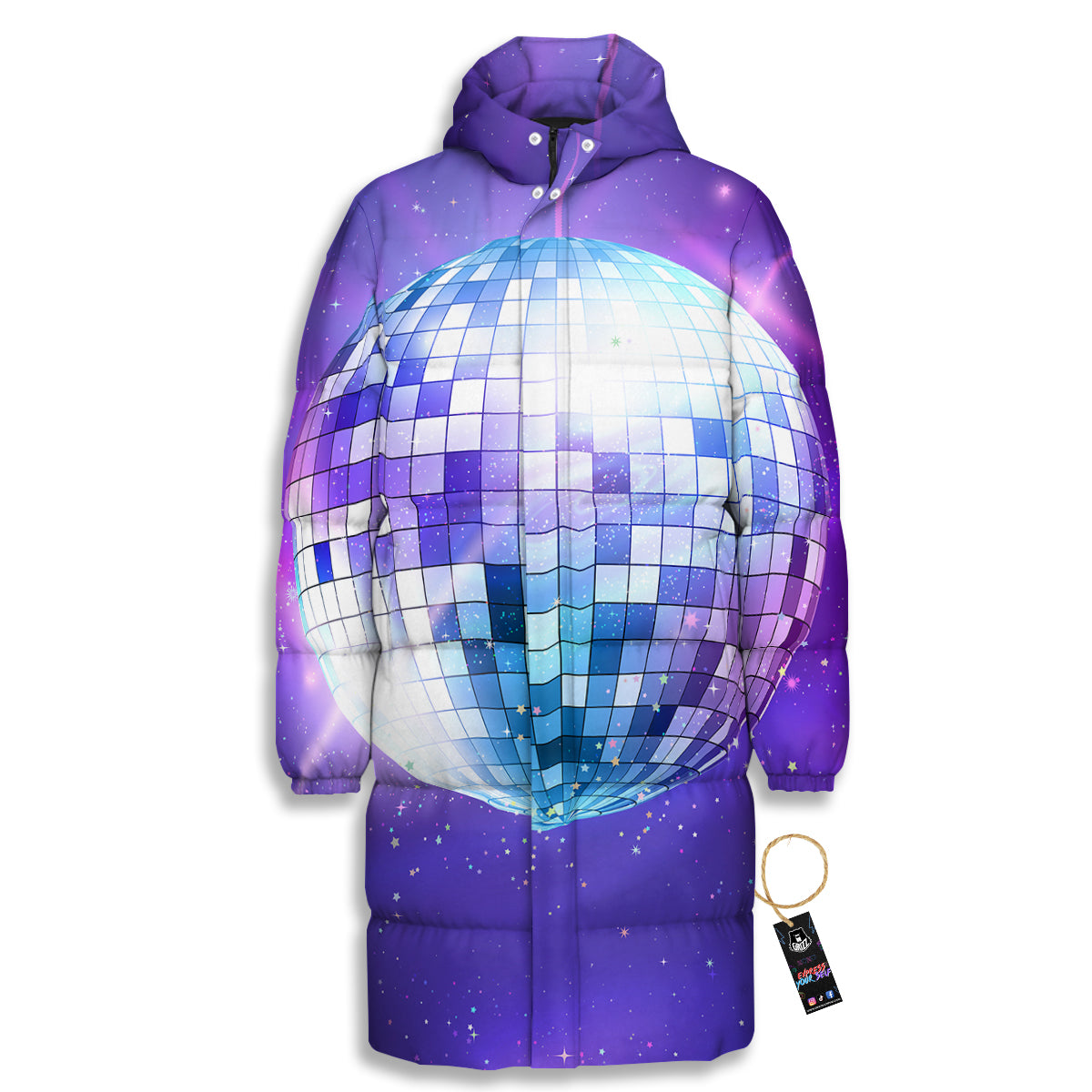 Disco Ball Ultraviolet Print Long Down Jacket-grizzshop