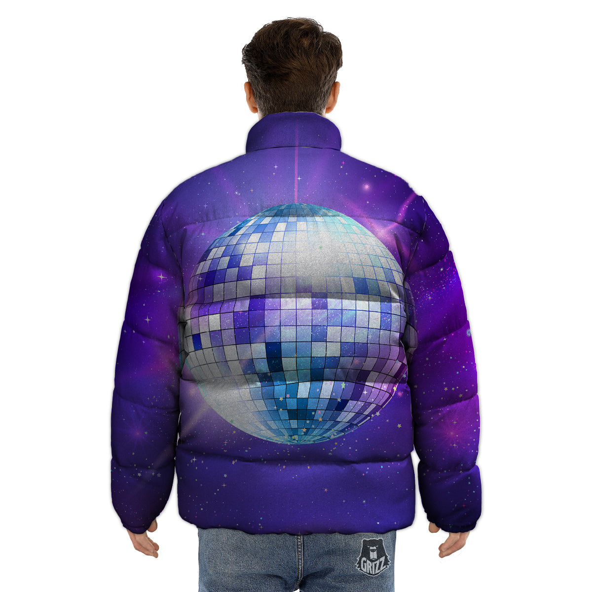 Disco Ball Ultraviolet Print Puffer Jacket-grizzshop