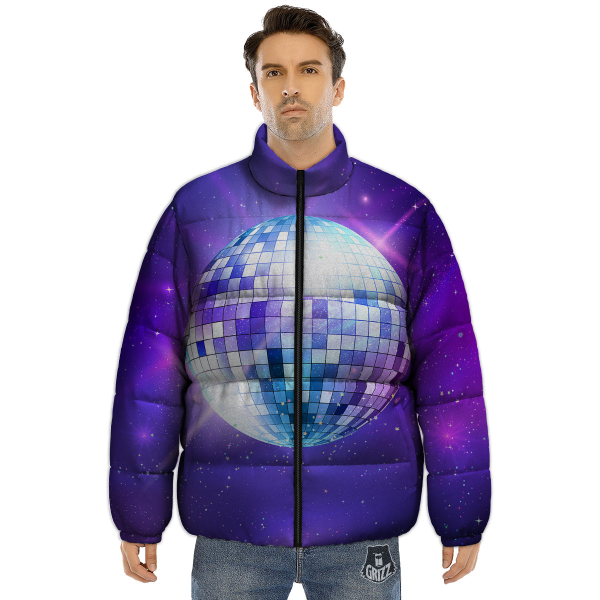 Disco Ball Ultraviolet Print Puffer Jacket-grizzshop