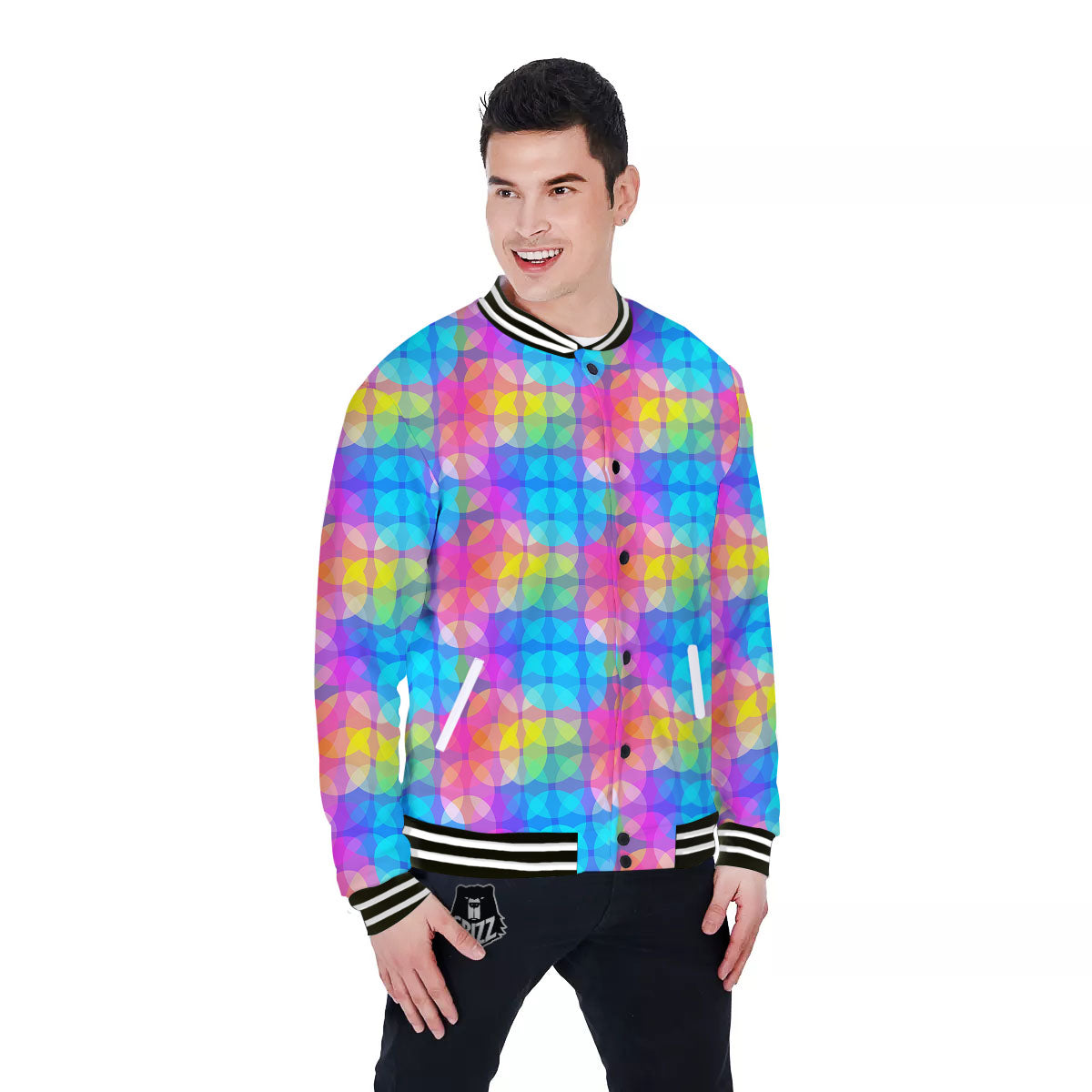 Disco Lights Colorful Print Pattern Baseball Jacket-grizzshop