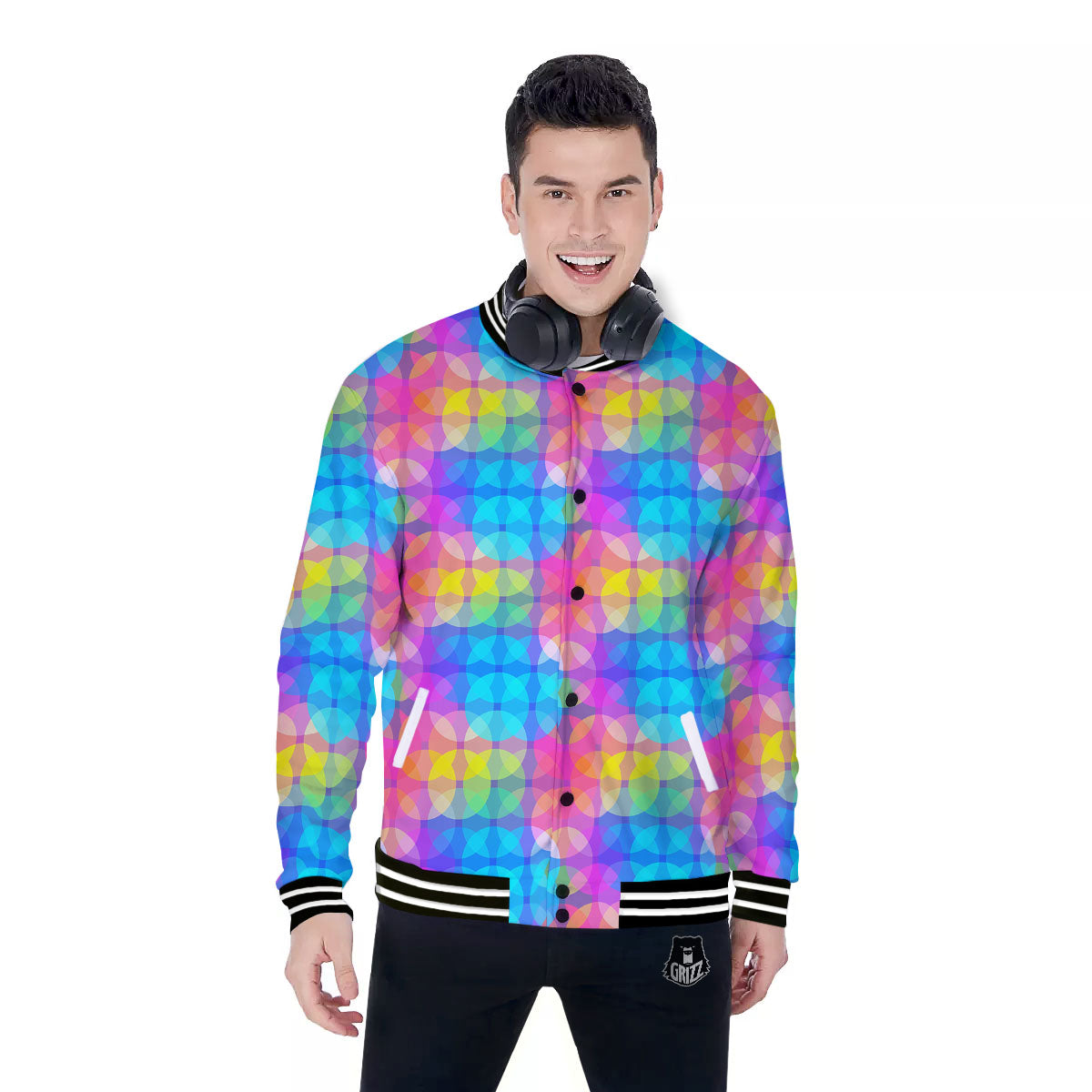 Disco Lights Colorful Print Pattern Baseball Jacket-grizzshop