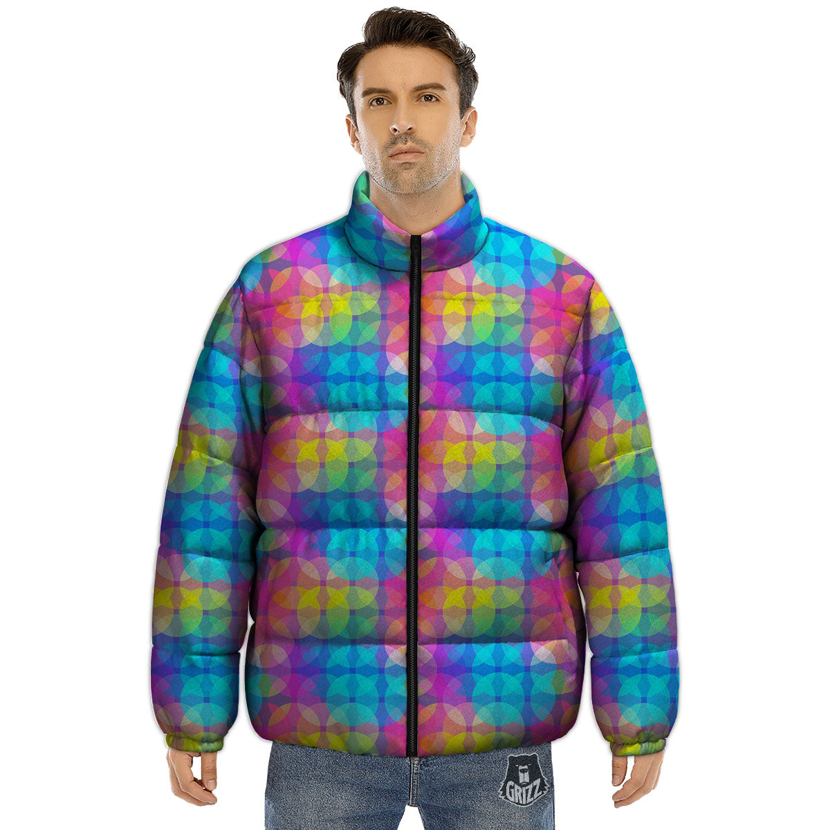 Disco Lights Colorful Print Pattern Puffer Jacket-grizzshop