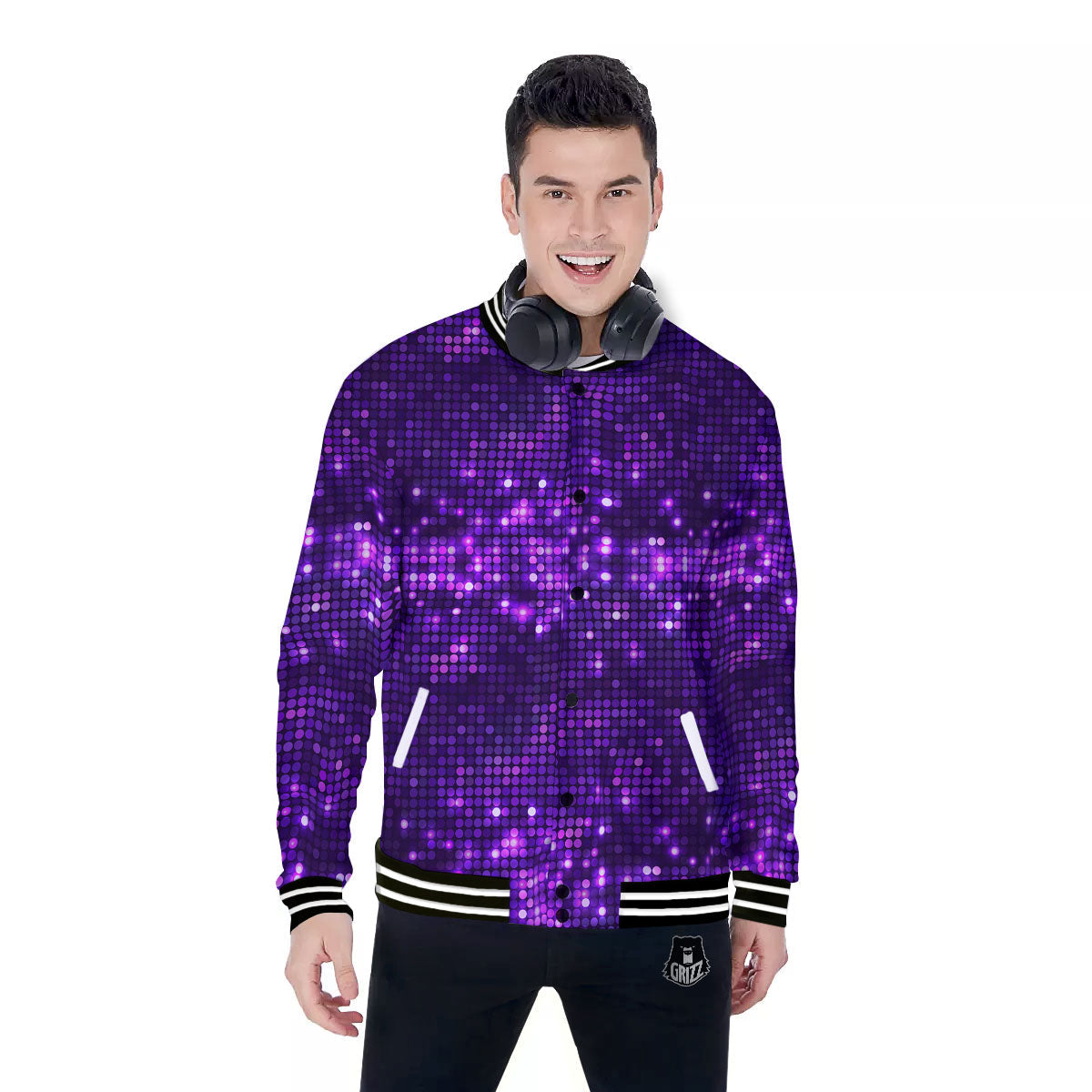 Disco Lights Purple Print Pattern Baseball Jacket-grizzshop