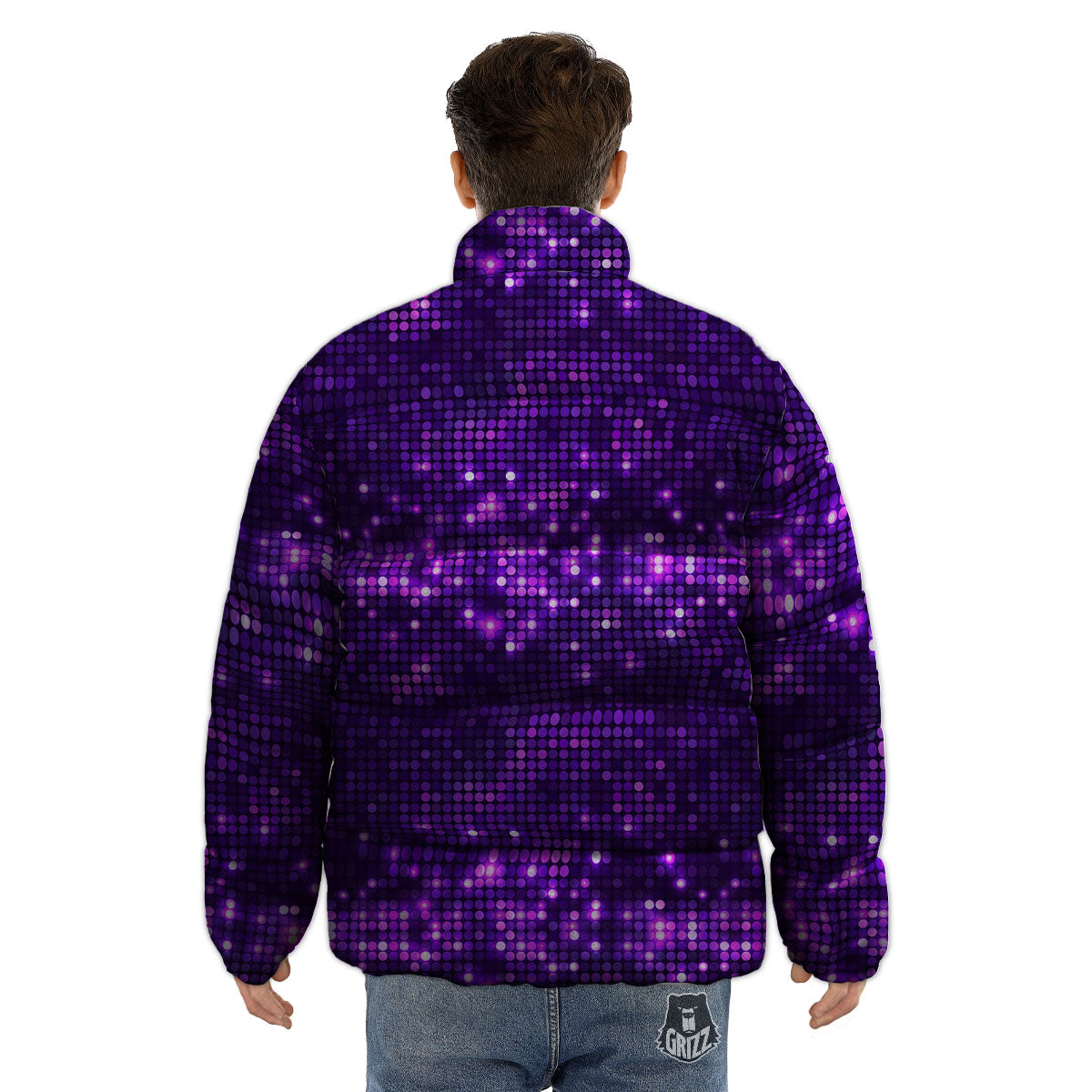 Disco Lights Purple Print Pattern Puffer Jacket-grizzshop