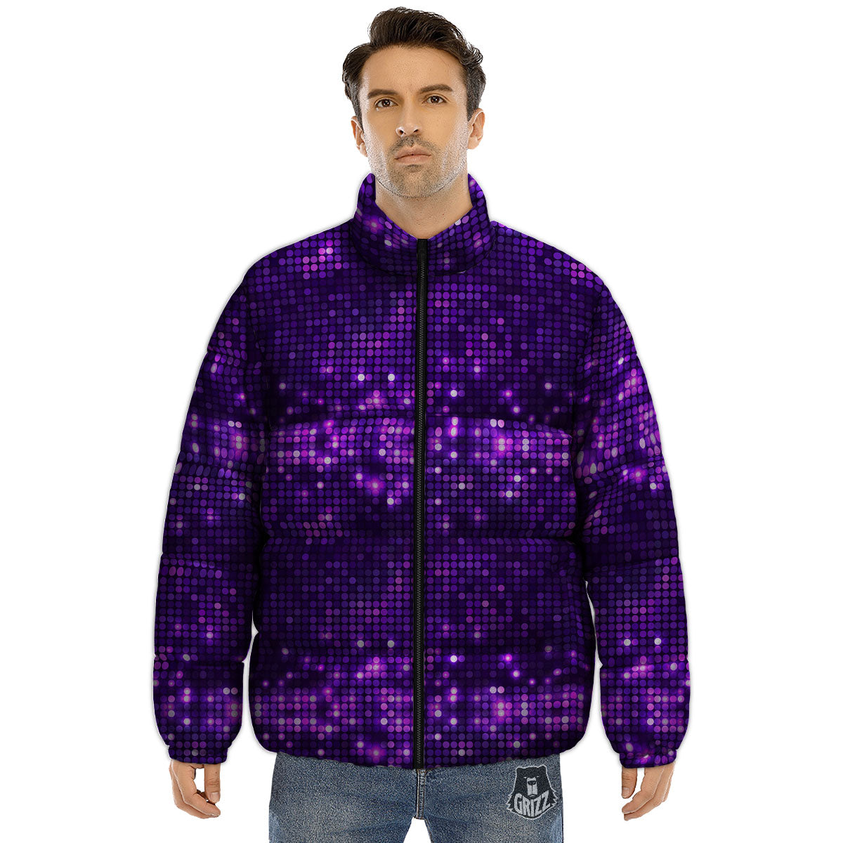 Disco Lights Purple Print Pattern Puffer Jacket-grizzshop