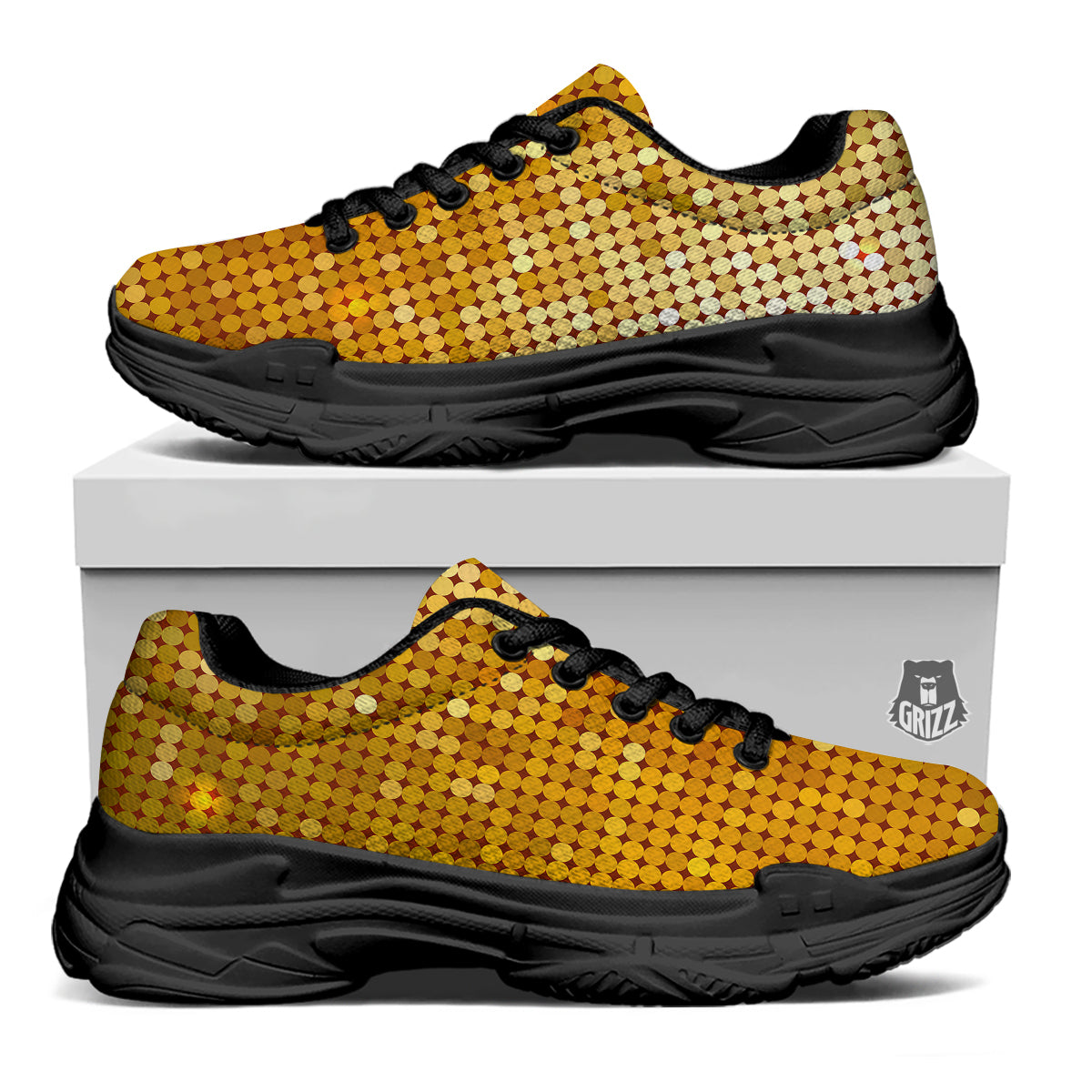 Disco Shiny Golden Texture Print Black Chunky Shoes-grizzshop