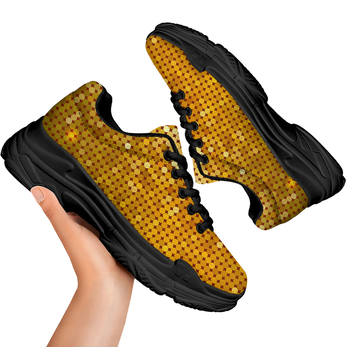 Disco Shiny Golden Texture Print Black Chunky Shoes-grizzshop