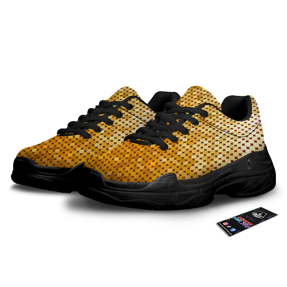 Disco Shiny Golden Texture Print Black Chunky Shoes-grizzshop